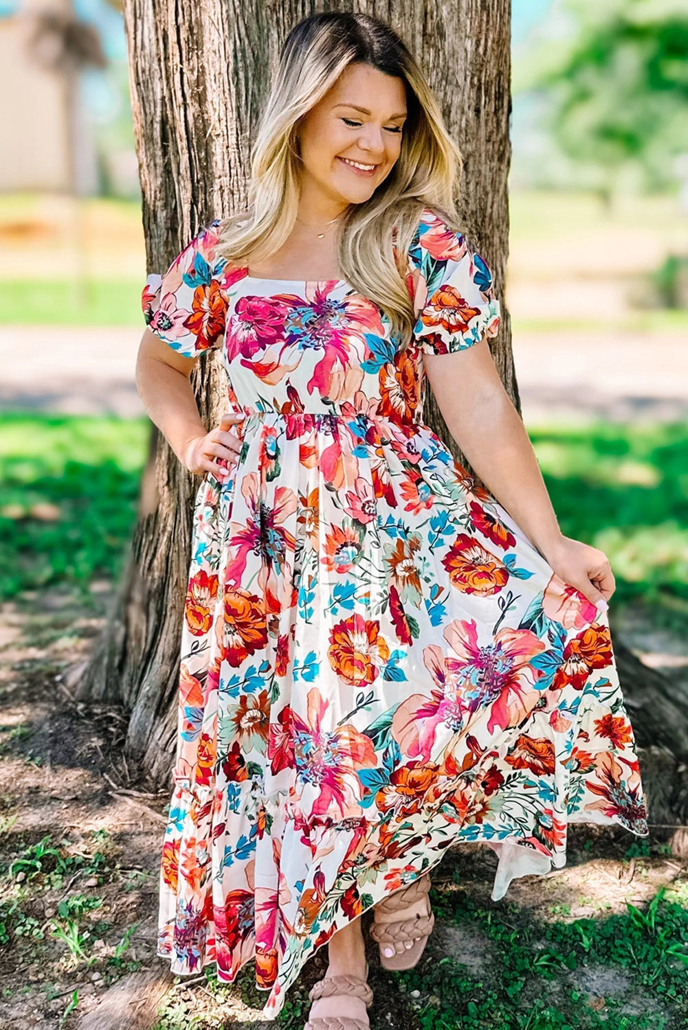 Floral Square Neck Puff Sleeve Flowy Plus Size Midi Dress