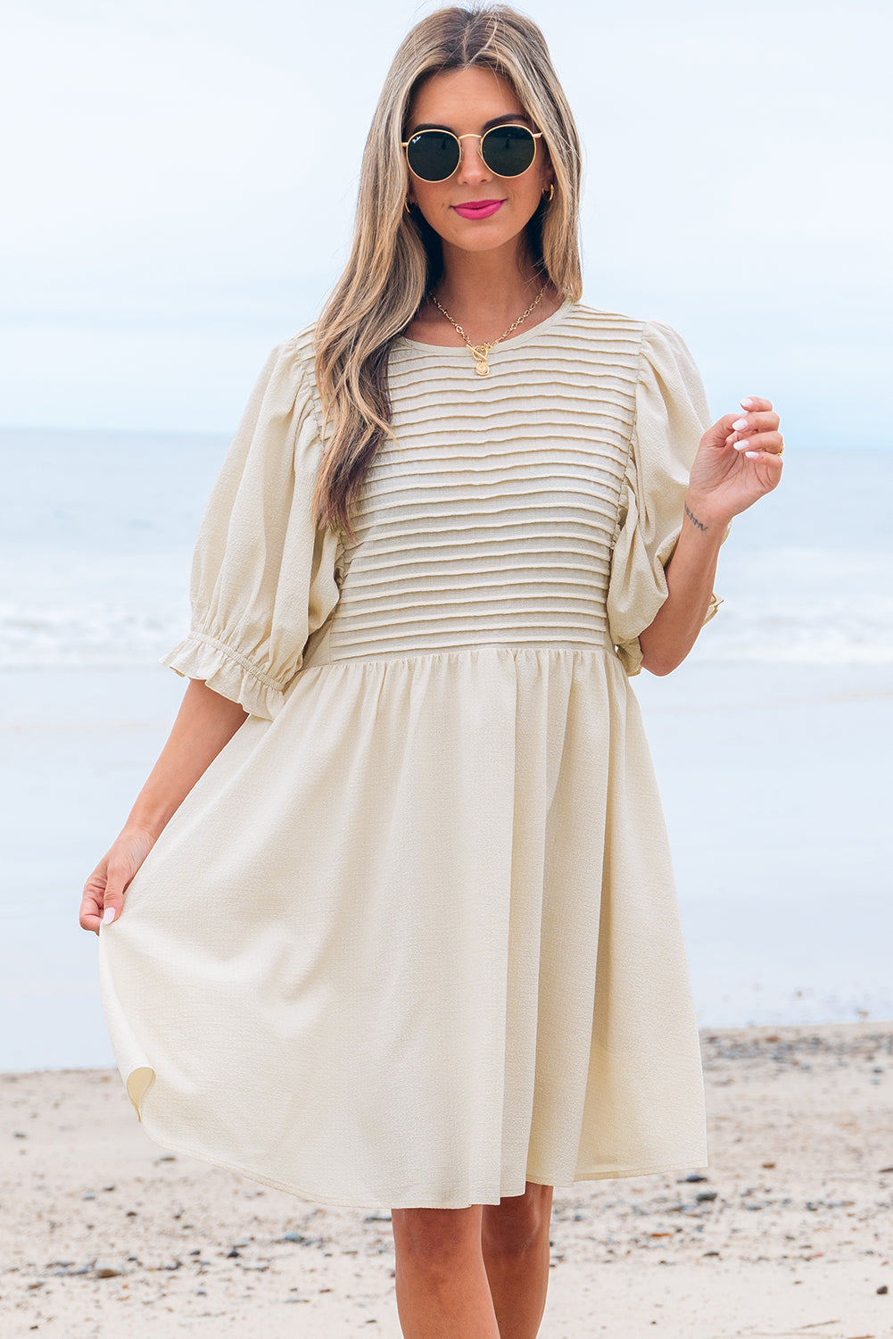 Textured Ruffled Puff Sleeve Loose Dress