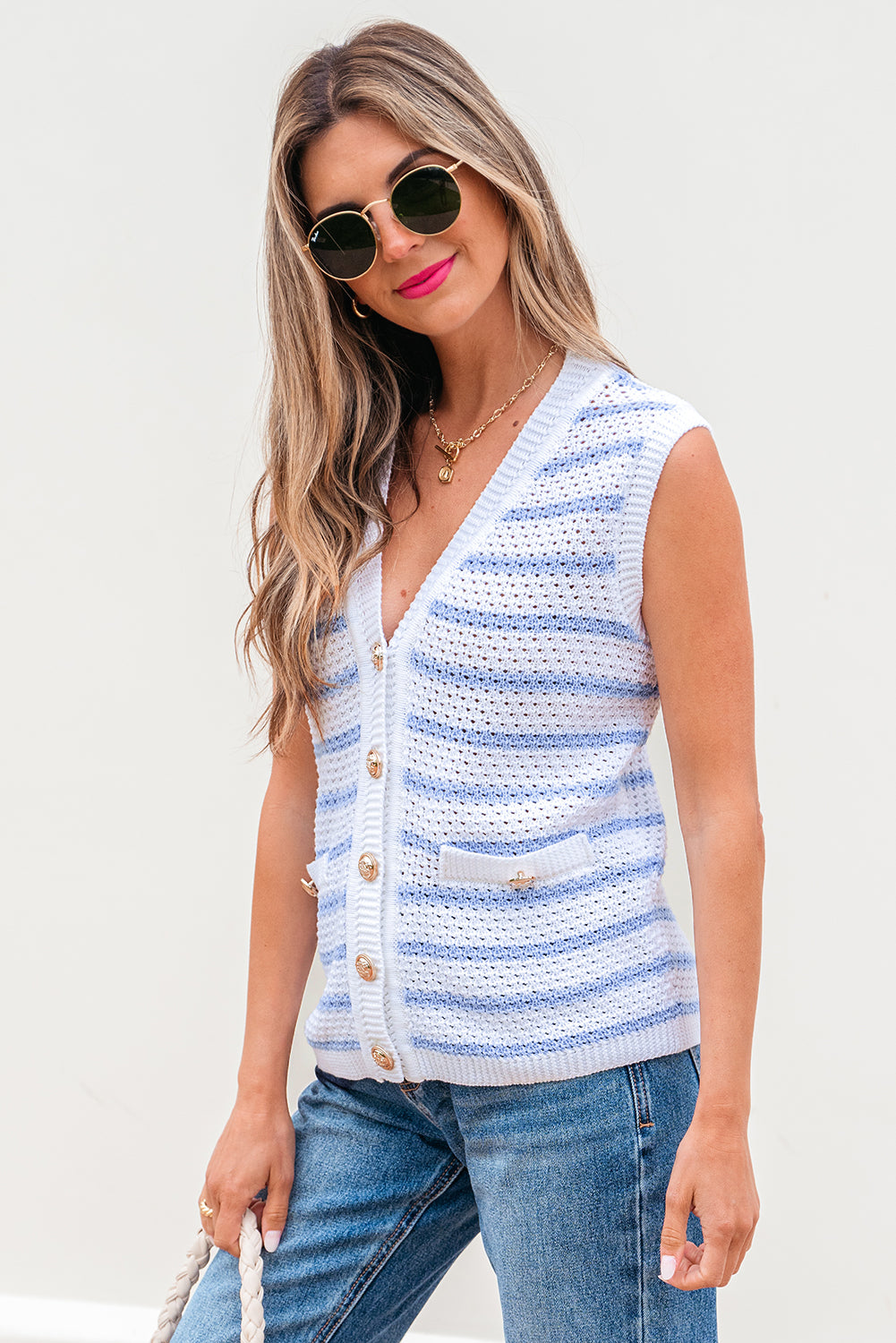 Stripe V Neck Gold Buttons Elegant Sweater Vest