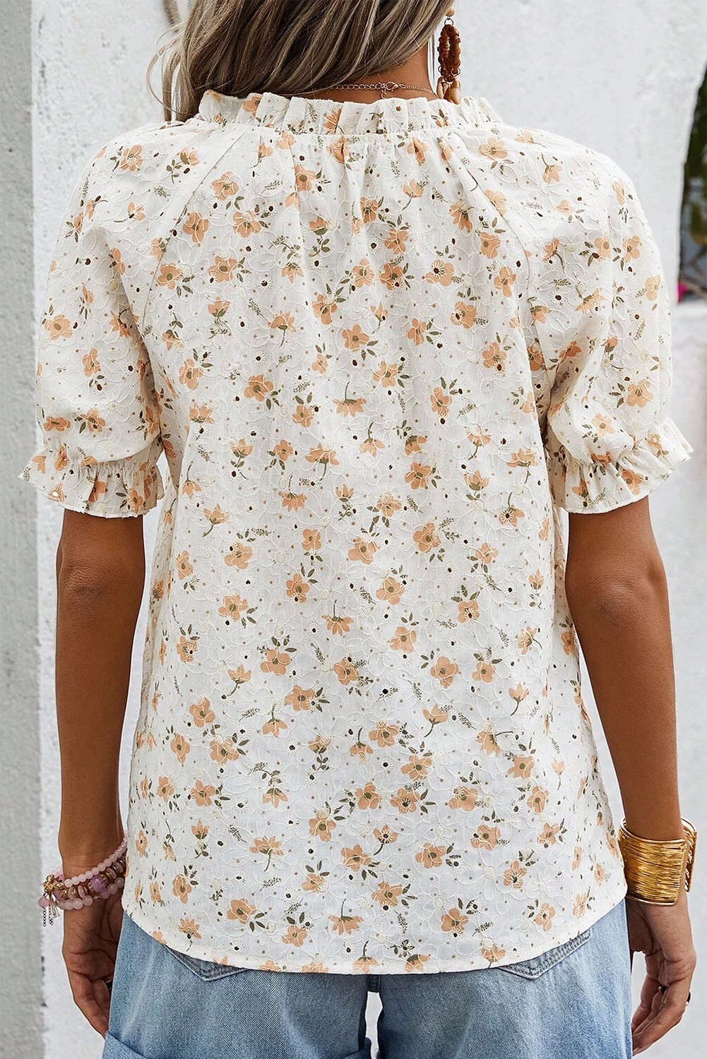 Floral Eyelet Embroidered Puff Sleeve Notch V Neck Blouse