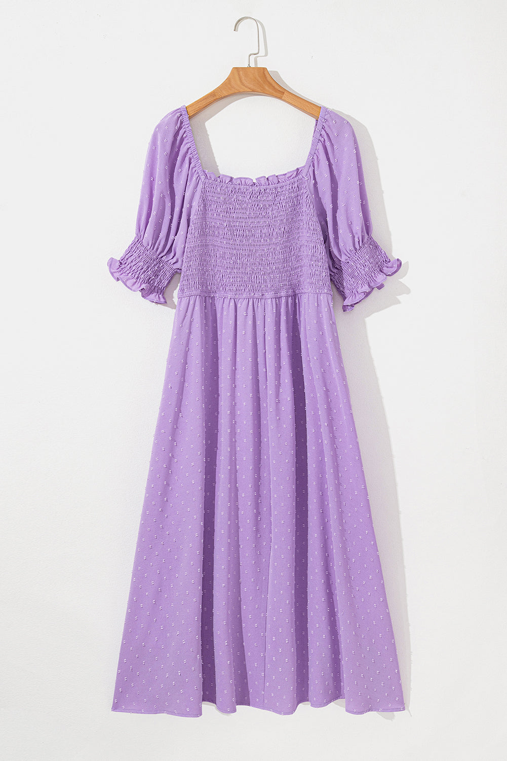Swiss Dot Smocked Frilled Neckline Short Sleeve Plus Size Dress
