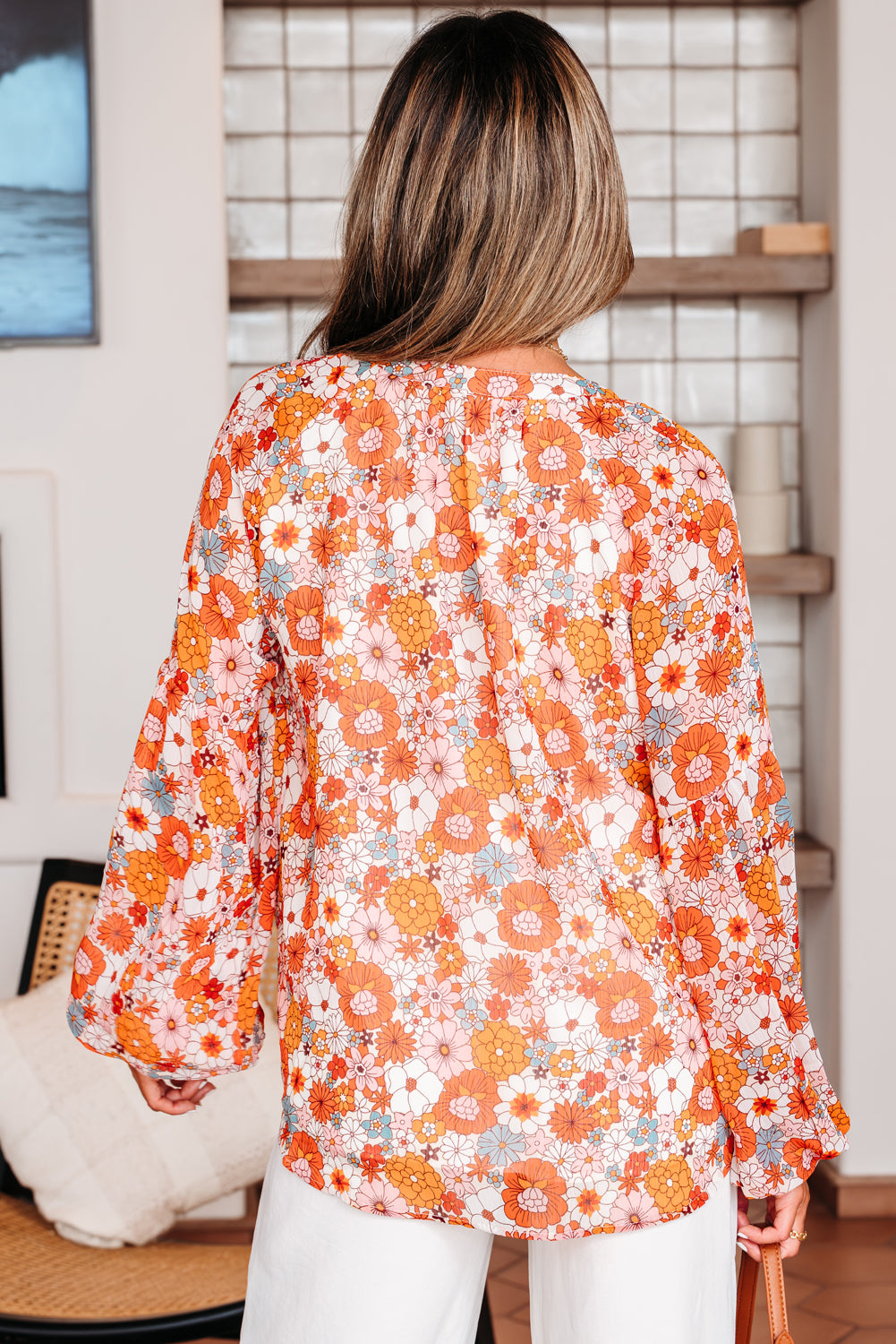 Floral Print V Neck Long Puff Sleeve Top
