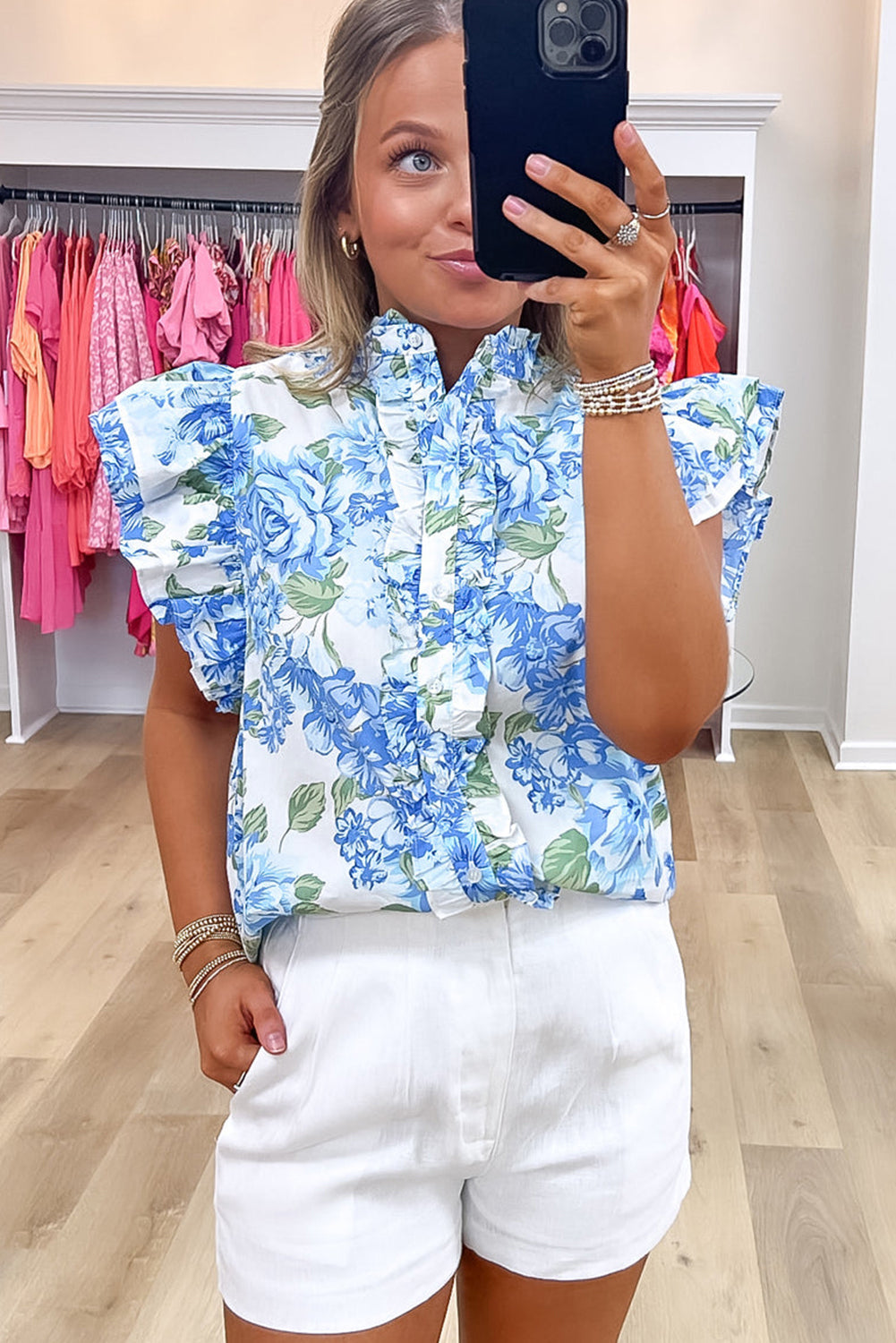 Floral Print Ruffle Sleeve Frilly Button Up Shirt