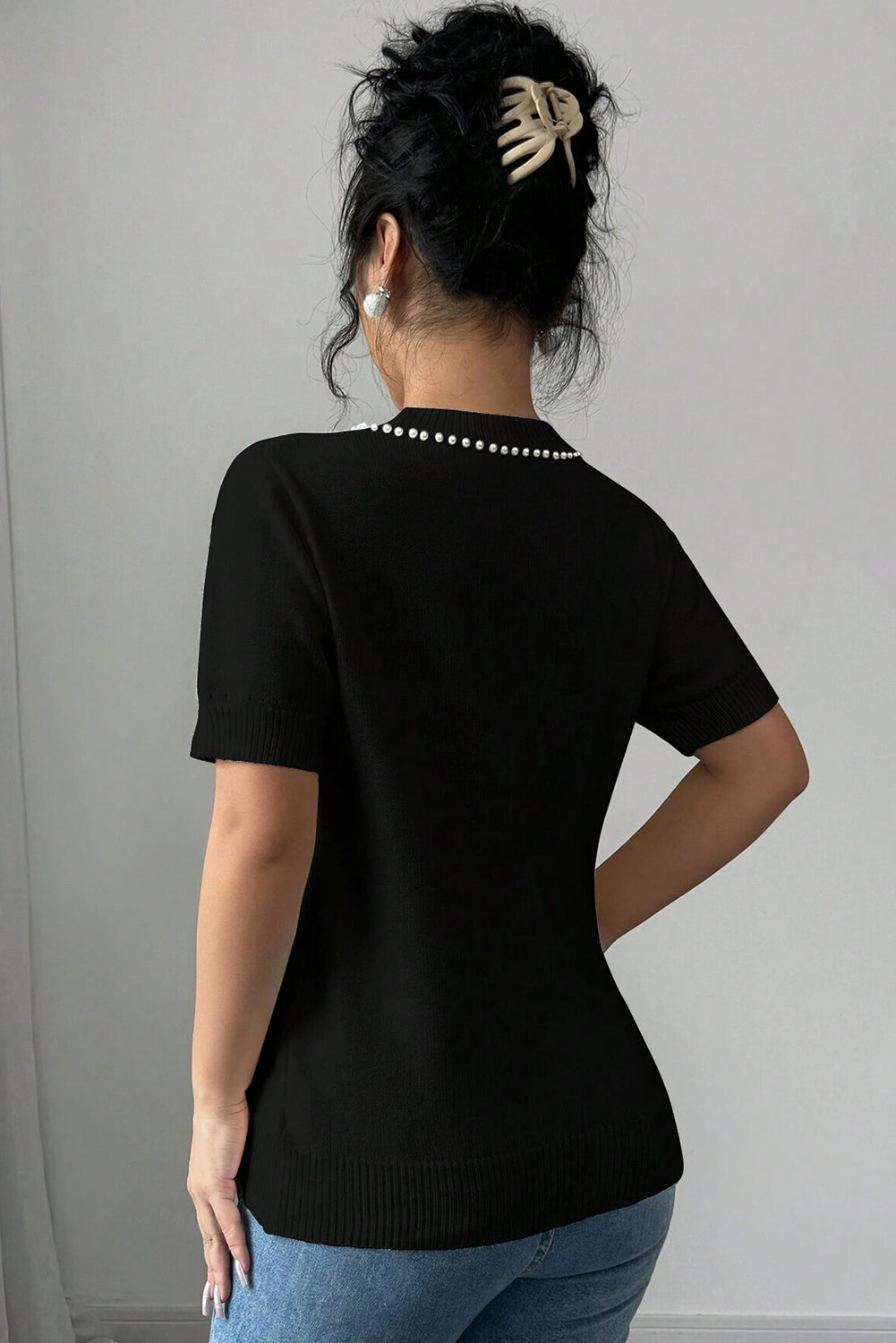 Pearl Bow Necklace Embellished Short Sleeve Knitted T Shirt