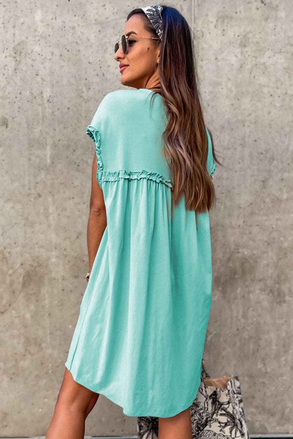 Frilled Trim Crew Neck Loose Fit Mini Dress