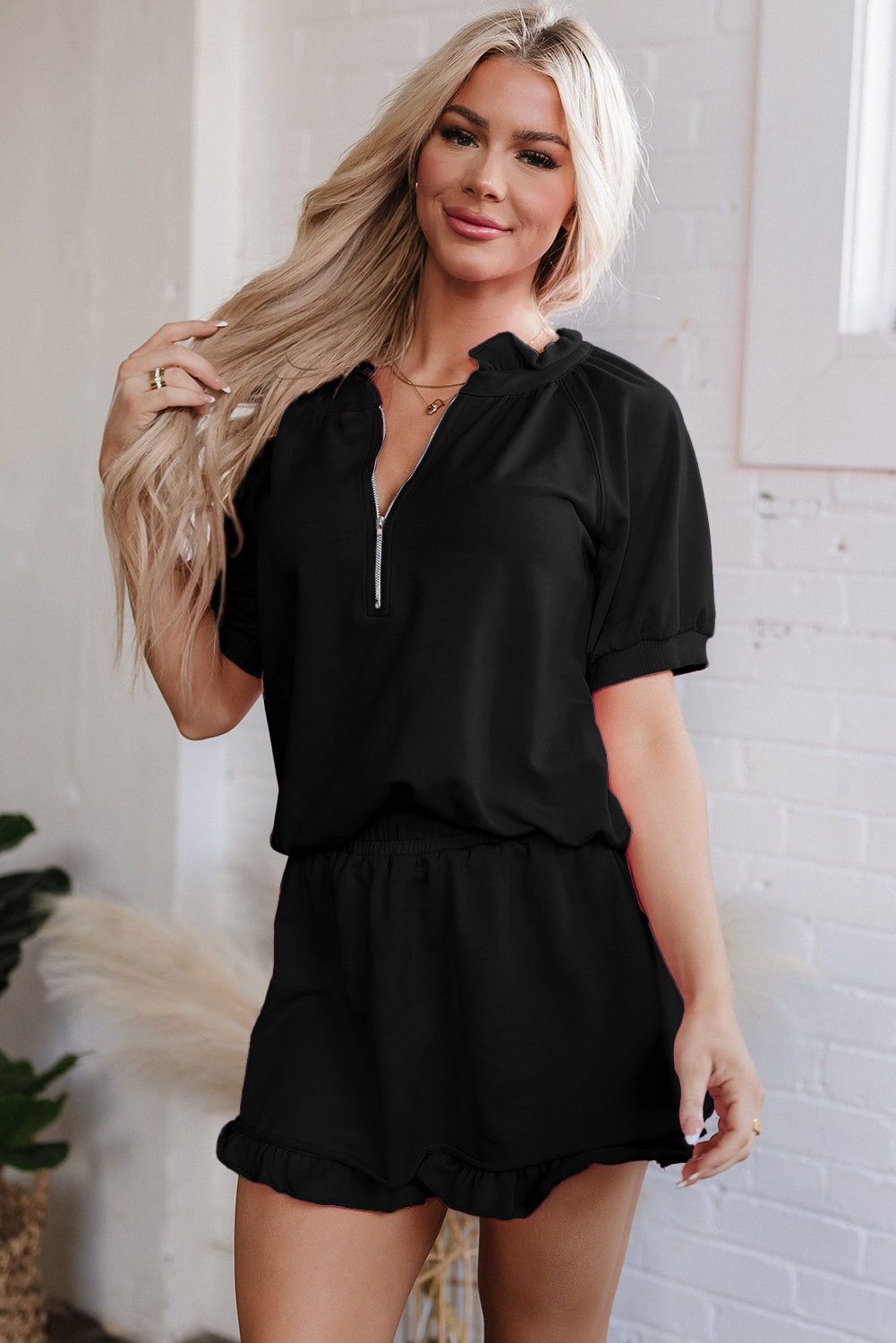 Half Zip Puff Sleeve Top and Ruffled Shorts Set