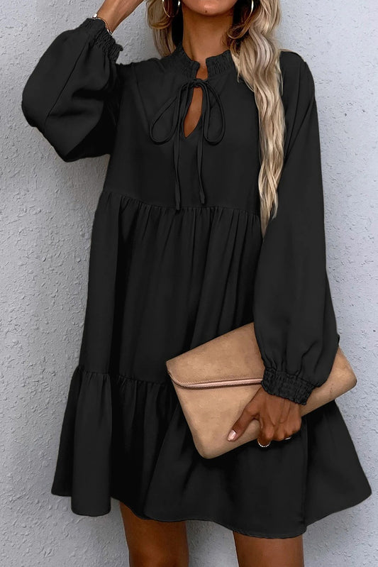 Tie Split Neck Smocked Detail Long Puff Sleeve Ruffle Hem Loose Dress