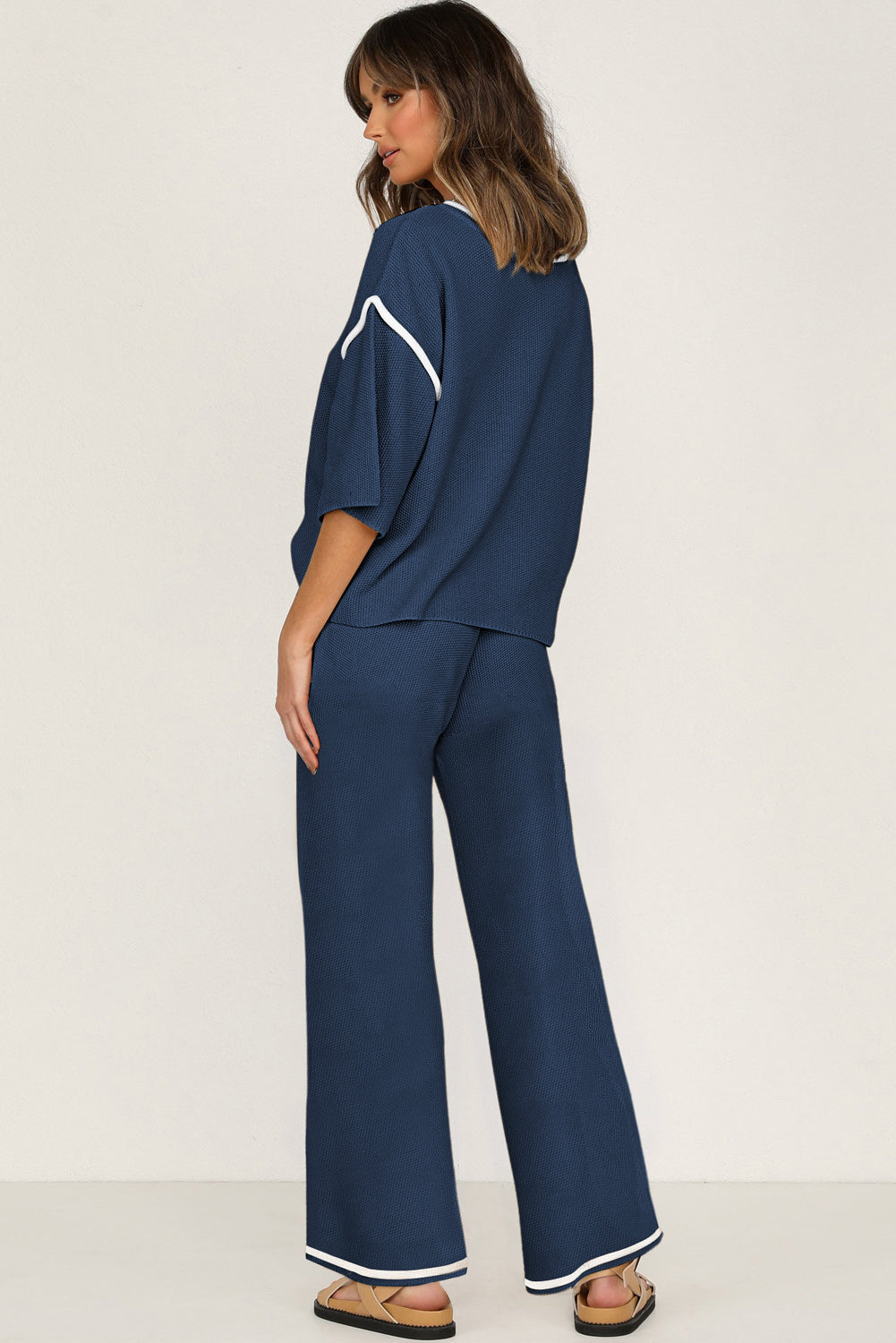 Contrast Trim Half Sleeve Top Drawstring Pants Loose 2pcs Sweater Suit