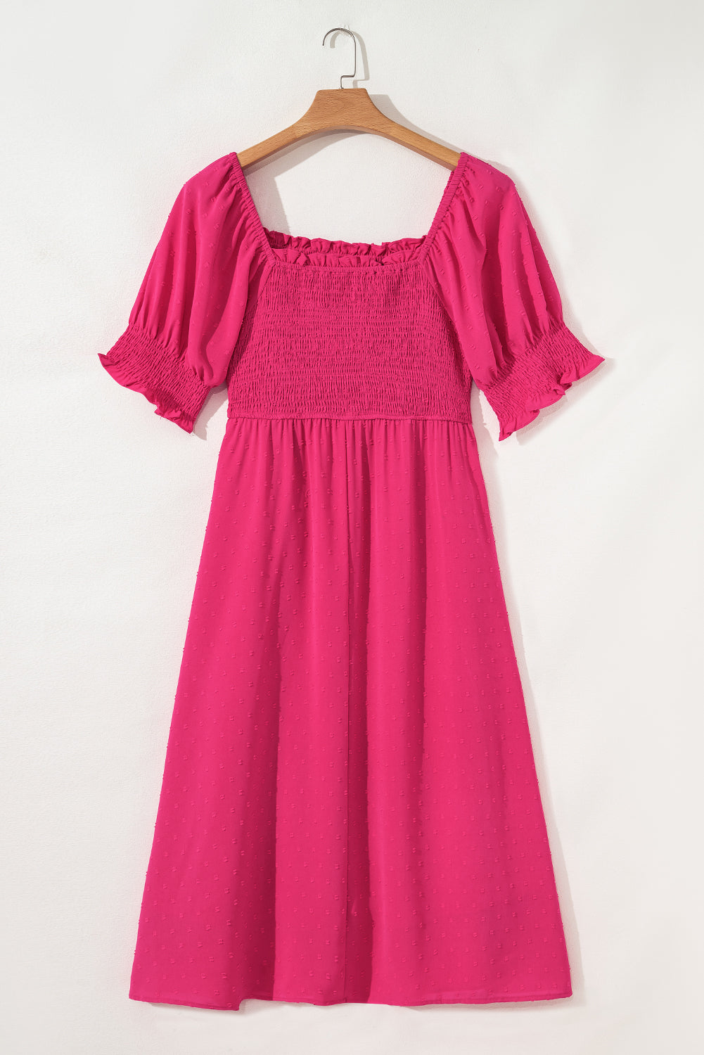 Swiss Dot Smocked Frilled Neckline Short Sleeve Plus Size Dress