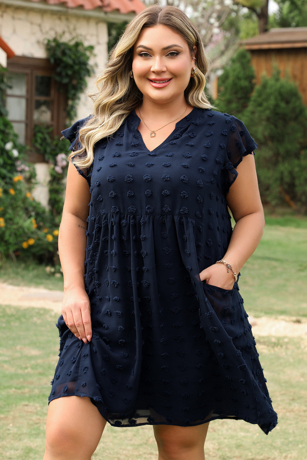 Dotty Textured Notched Neck Plus Ruffled Dress