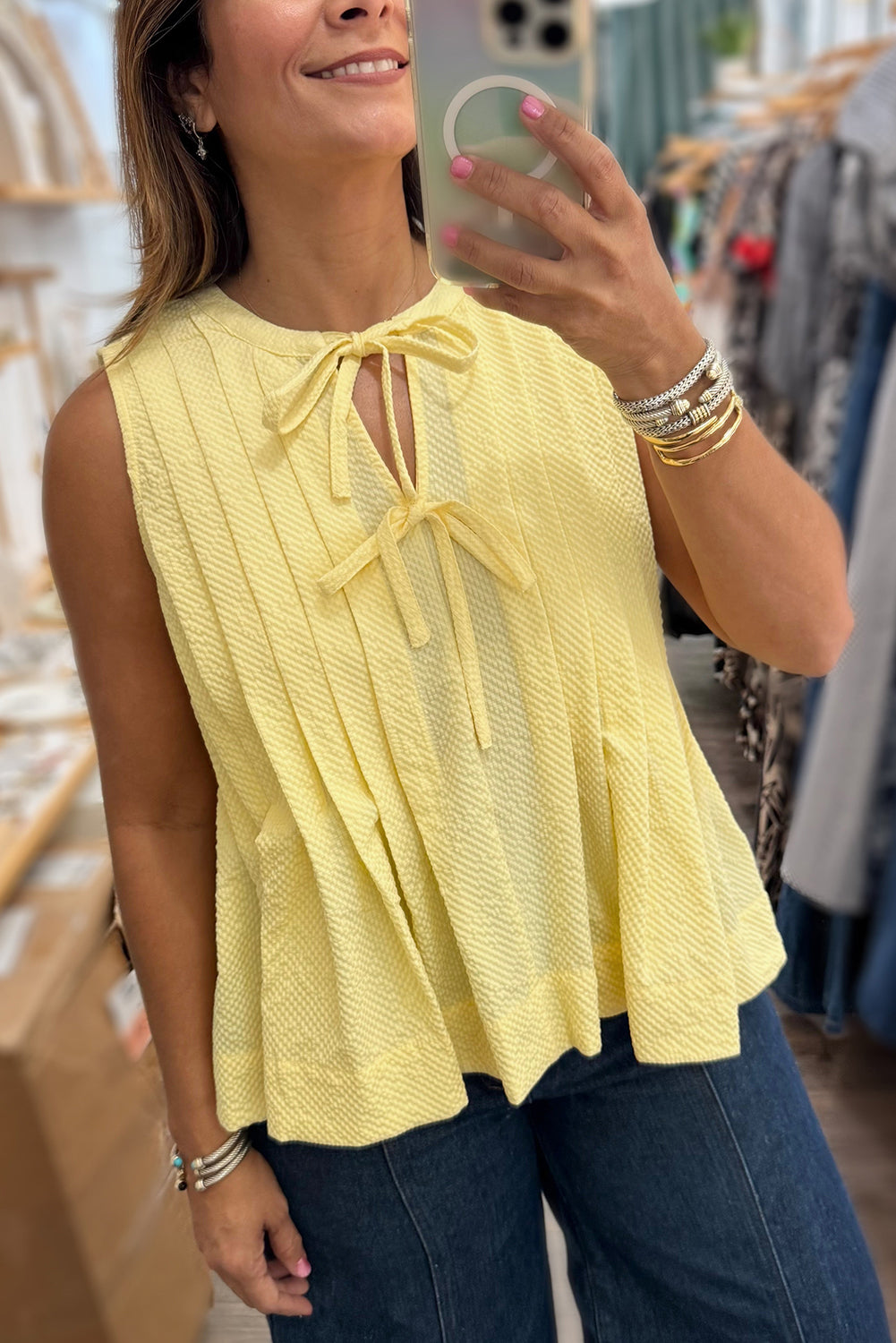 Bow Tie Notched Neck Pleated Tank Top
