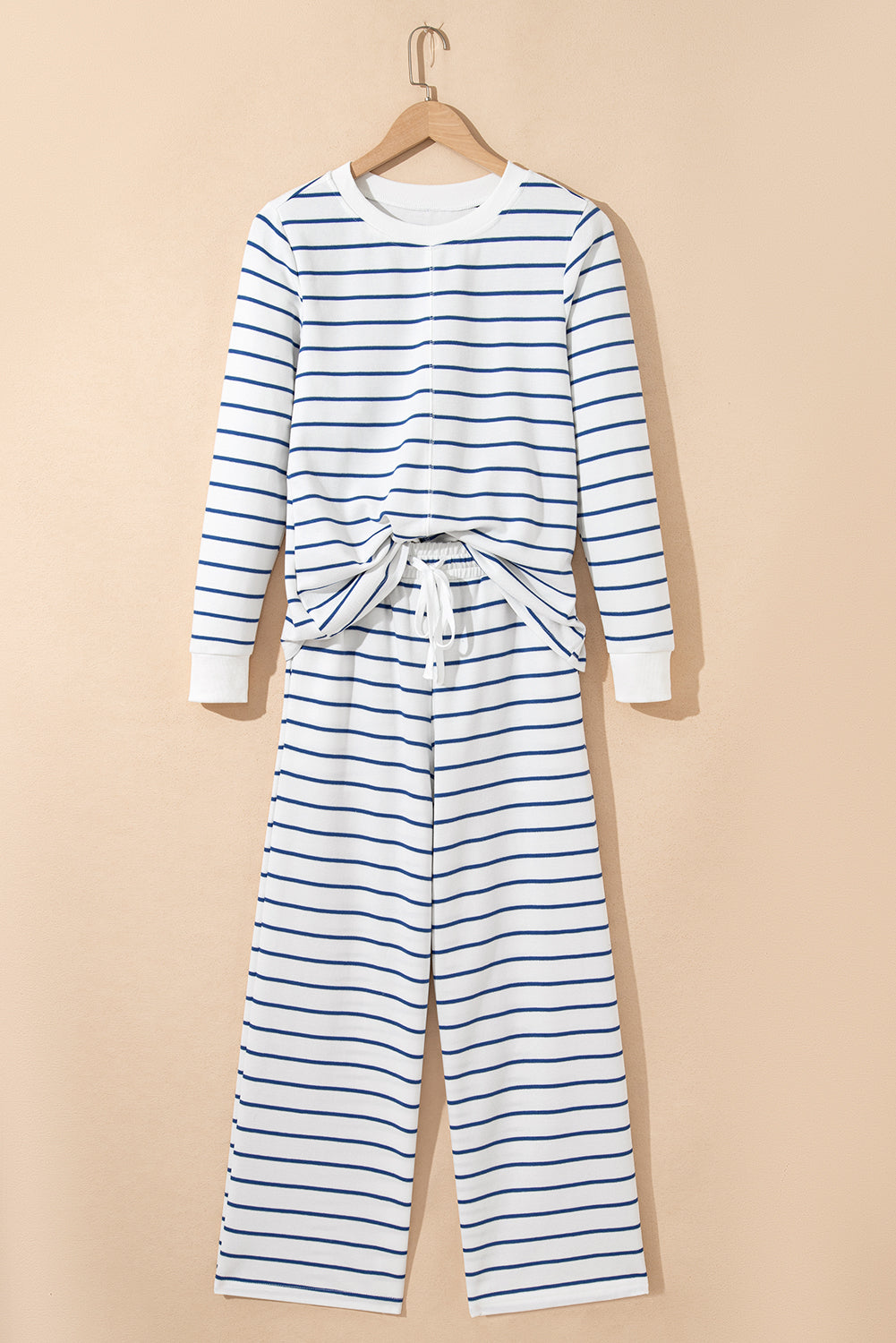 Striped Long Sleeve Top Drawstring Wide Leg Pants 2pcs Outfit