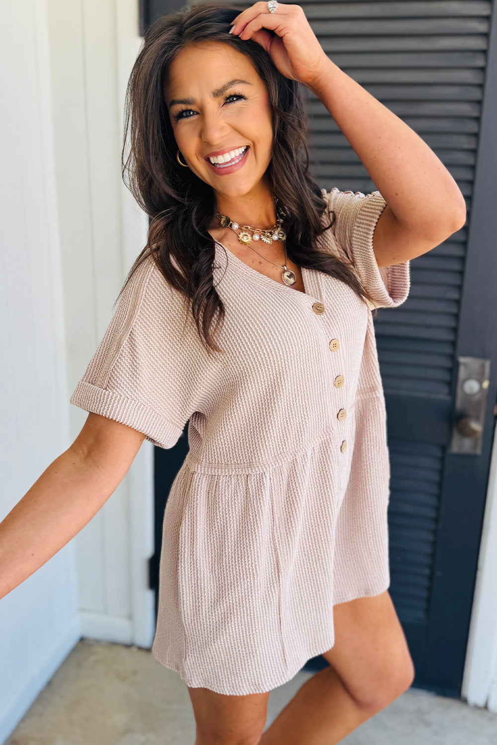 Spiral Ribbed Short Sleeve V Neck Buttoned Romper with Pocket