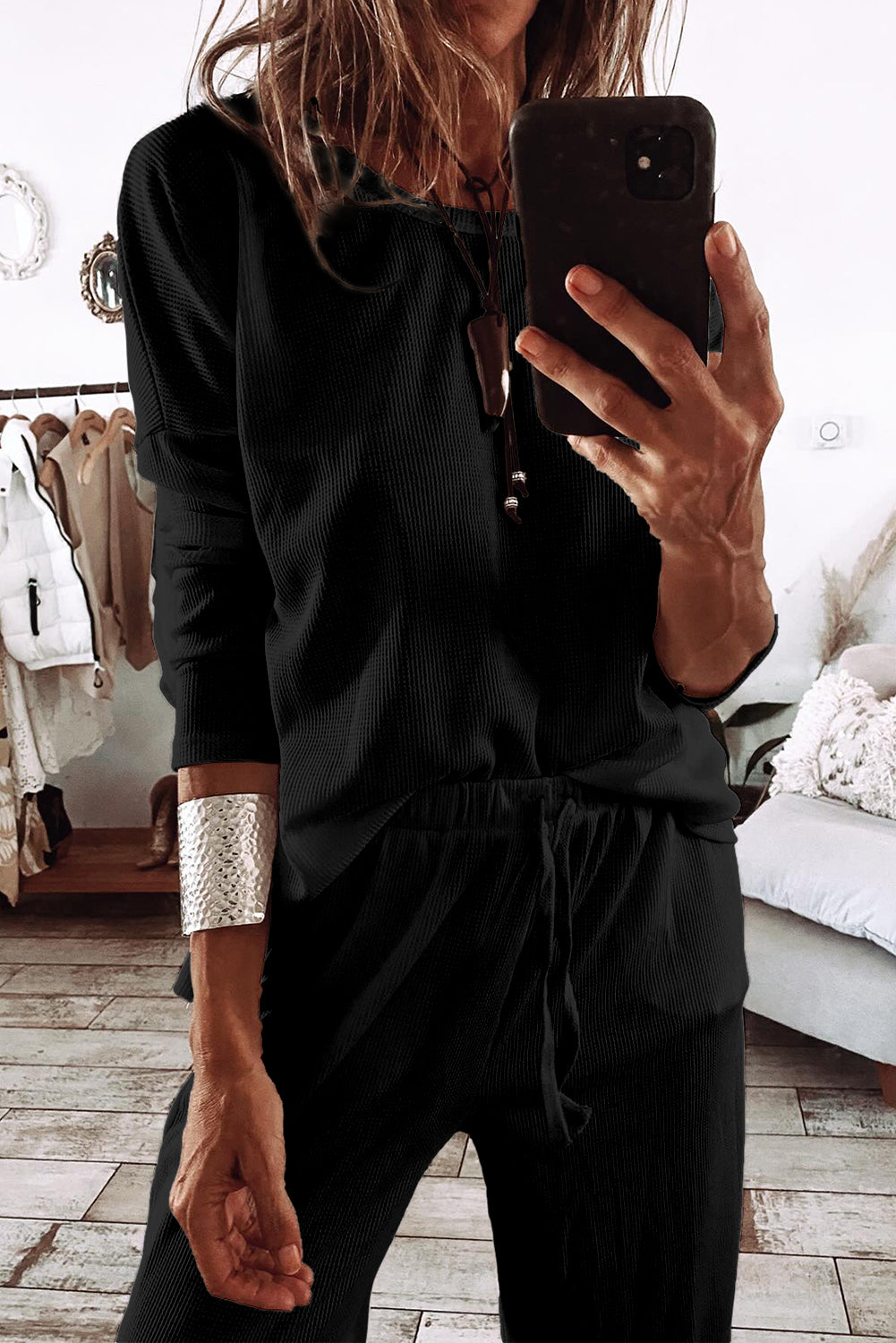 Textured Long Sleeve T Shirt and Pants Lounge Set