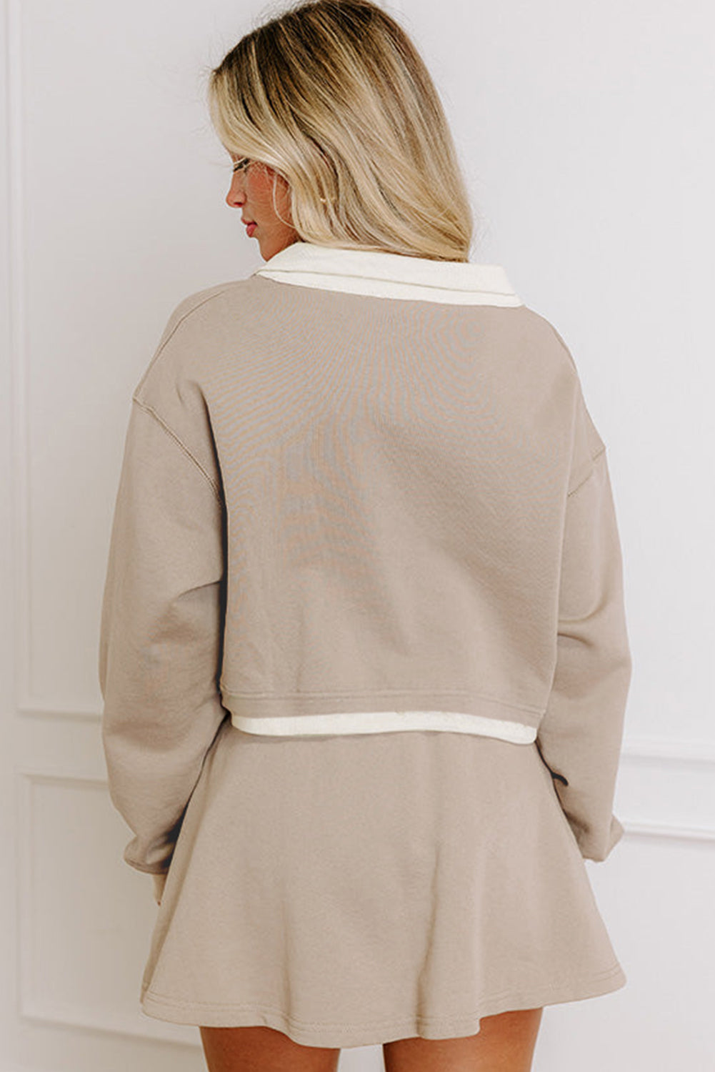 Raw Edge Detail Colorblock Patchwork Cropped Pullover Drawstring Skirt Set
