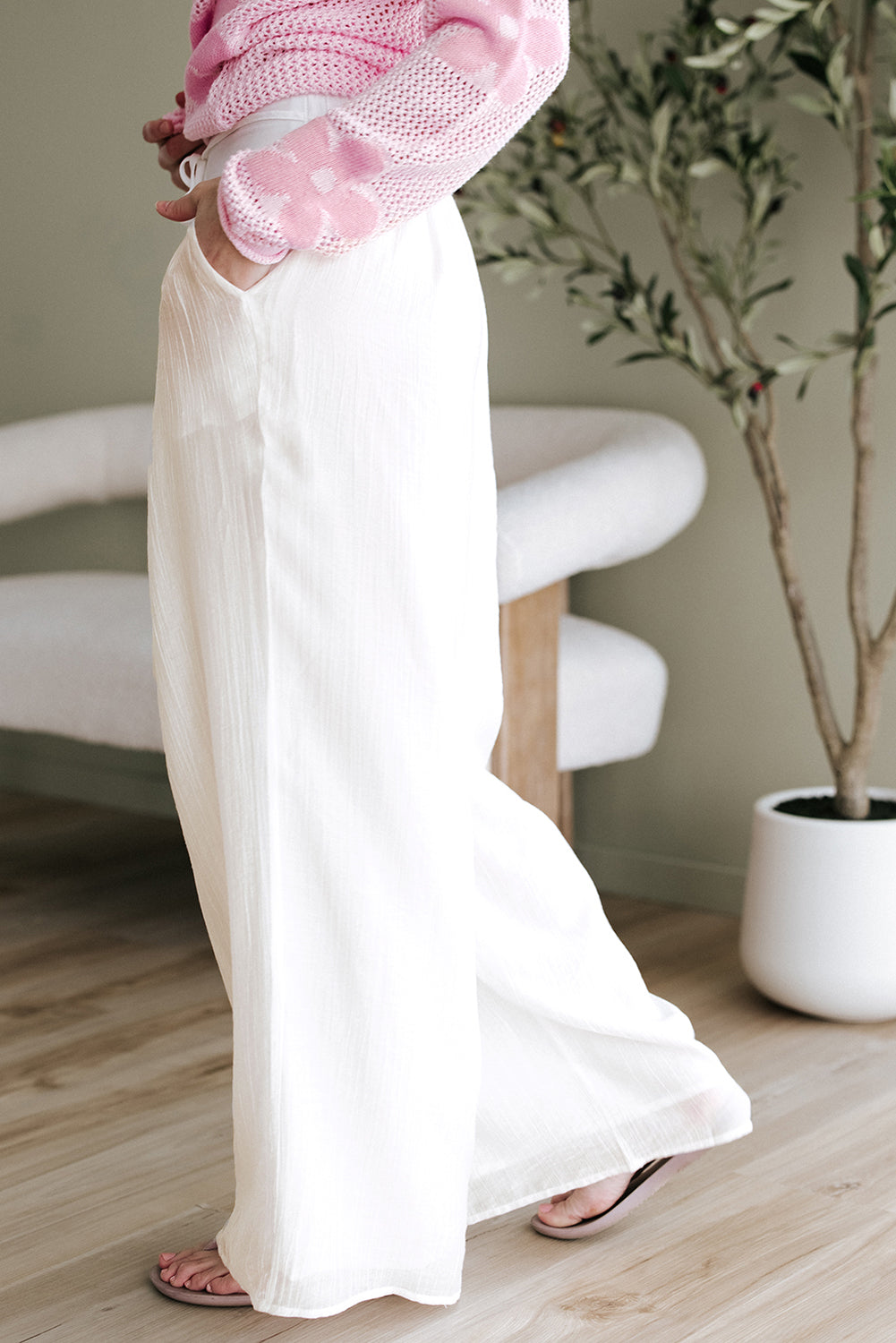 Casual Tie Waist Pleated Wide Leg Pants