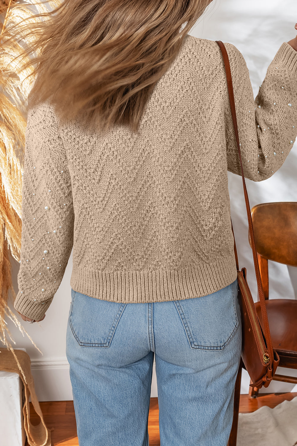 Pearl Embellished Button Front V Neck Sweater Cardigan
