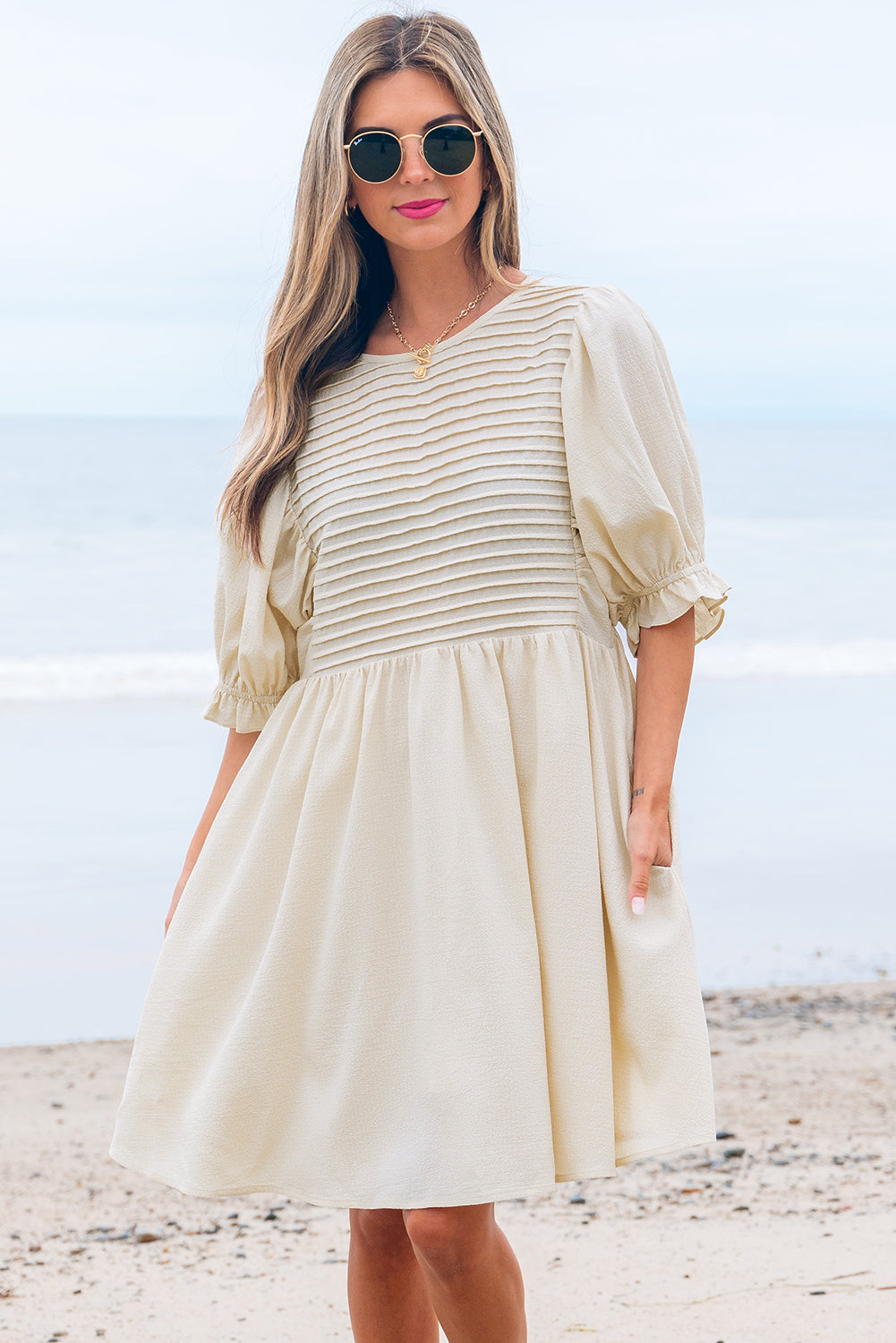 Textured Ruffled Puff Sleeve Loose Dress