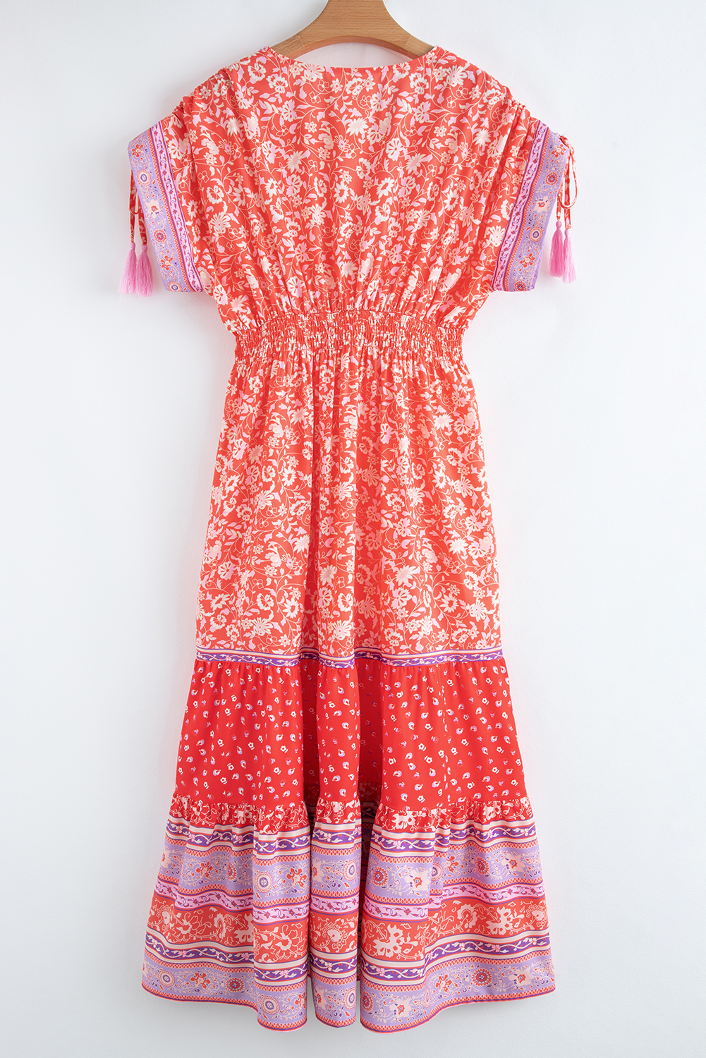 Floral Print Tasseled Tied Sleeve Empire Waist Maxi Dress