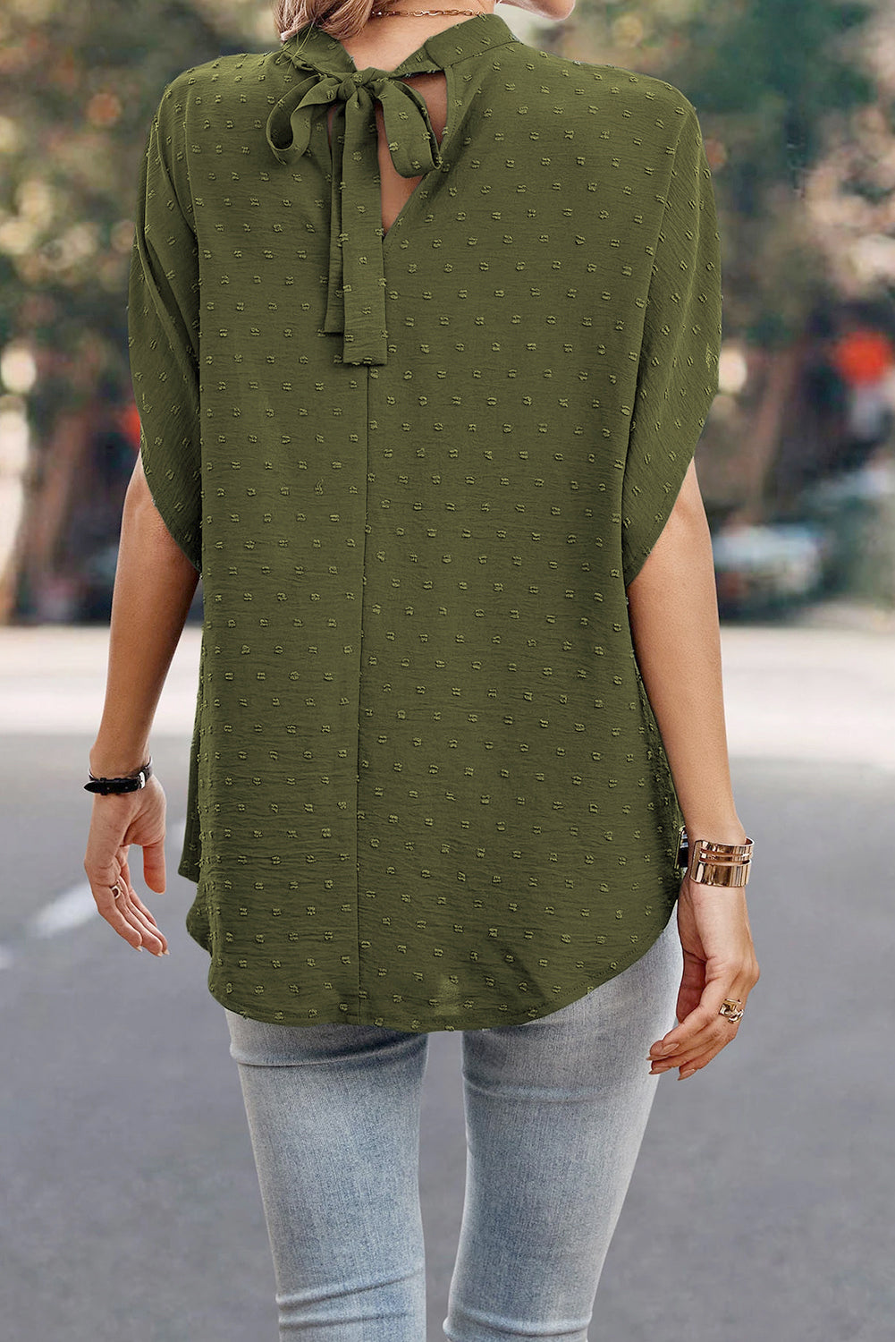 Swiss Dot Mock Neck Batwing Sleeve Blouse