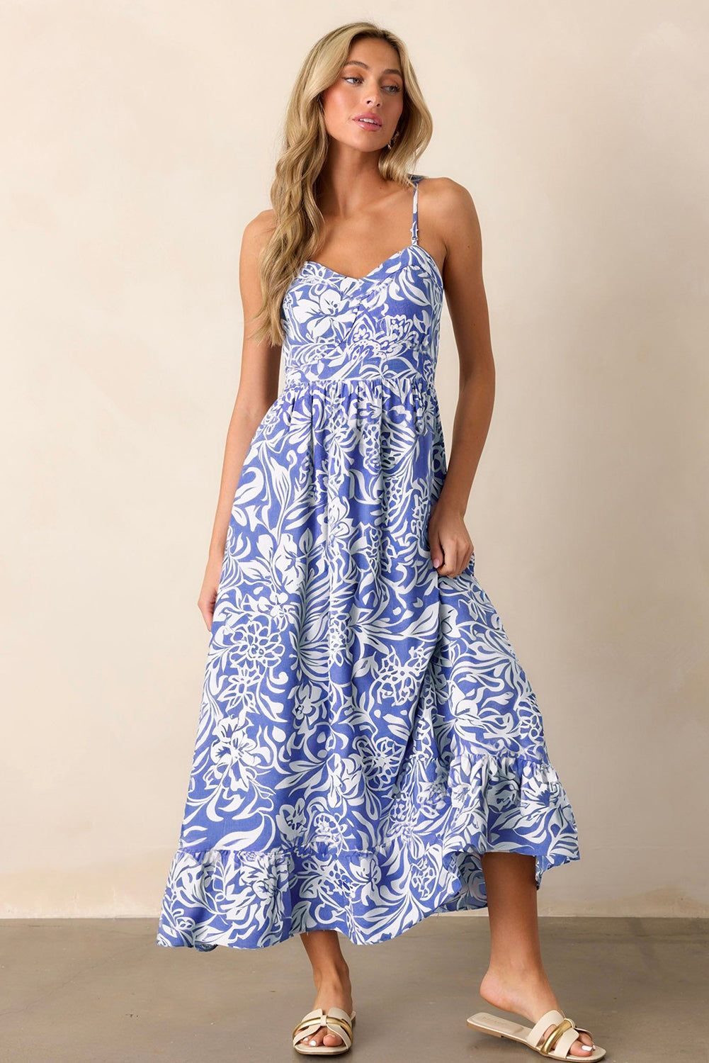 Floral Print Spaghetti Strap High Waist Maxi Dress