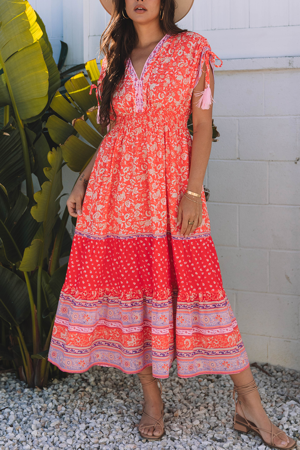 Floral Print Tasseled Tied Sleeve Empire Waist Maxi Dress