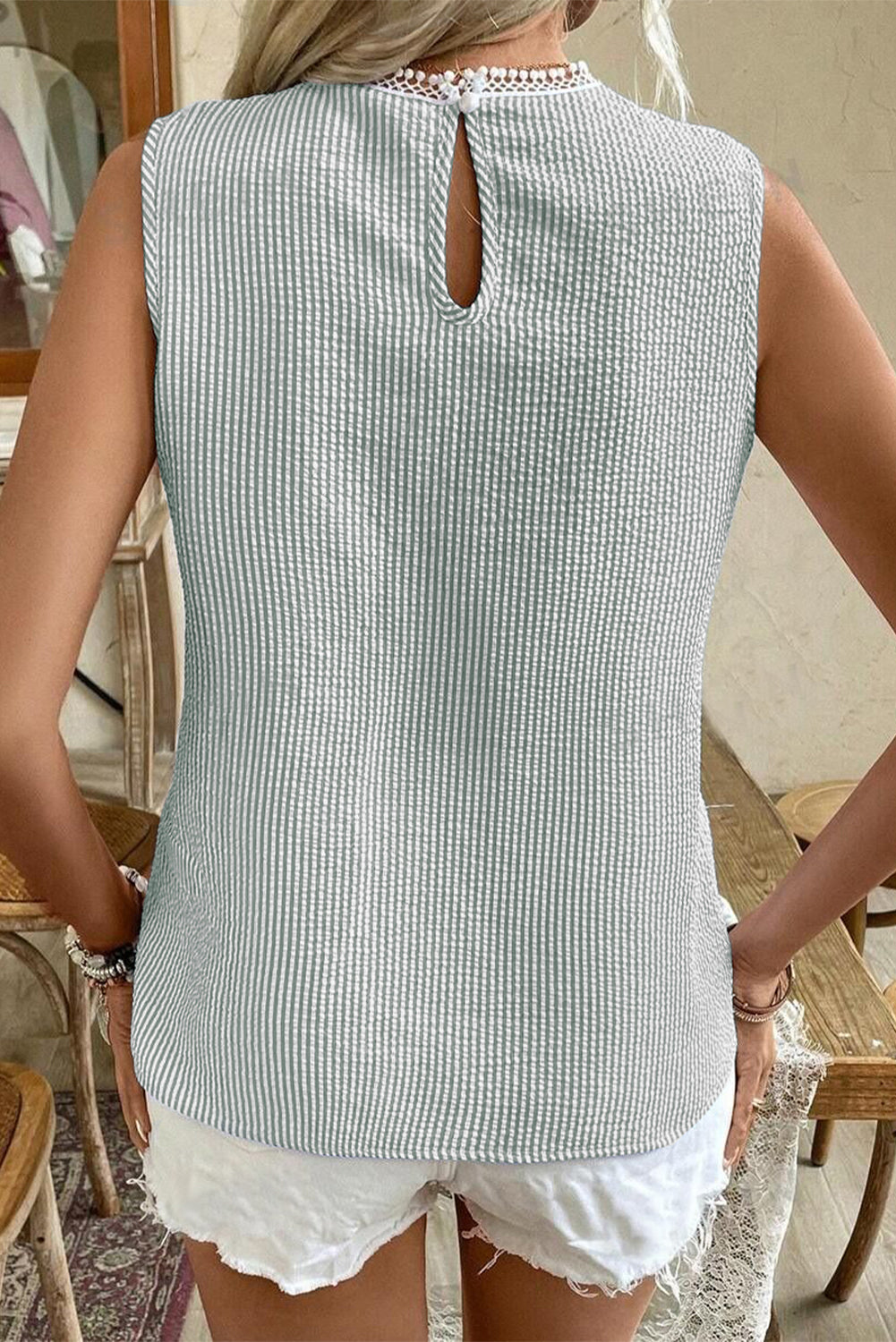 Stripe Lace Patchwork Crew Neck Tank Top