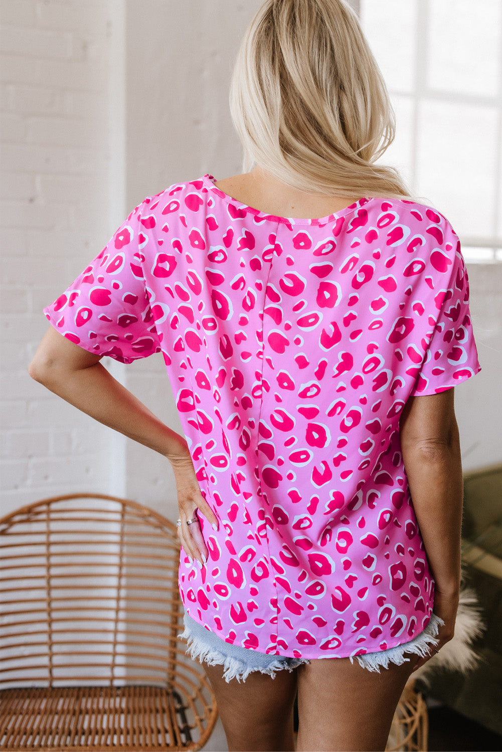 Leopard V Neck Loose Short Sleeve Top