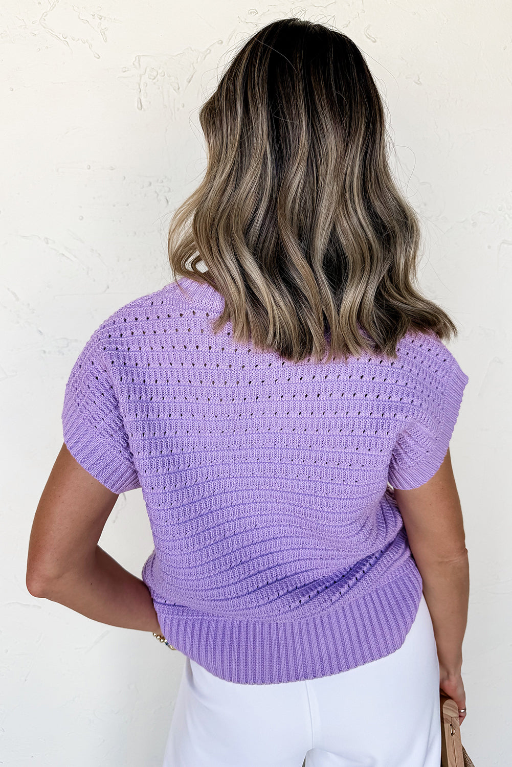 Pointelle knit Ribbed Trim Short Sleeve Sweater