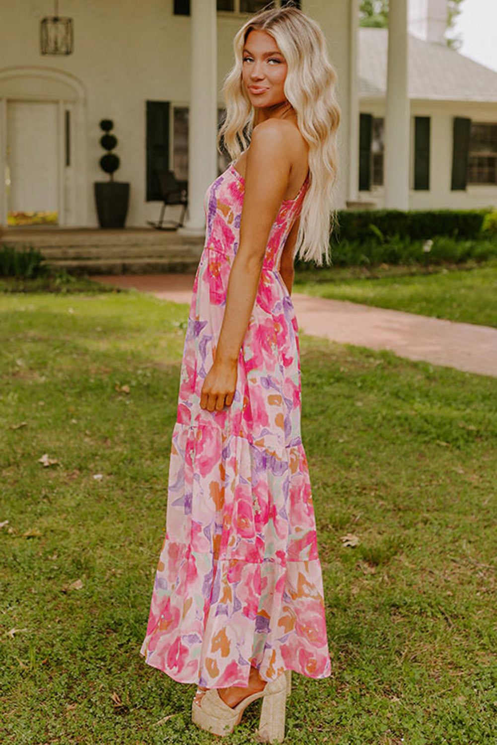 Abstract Floral Print Shirred One Shoulder Maxi Dress