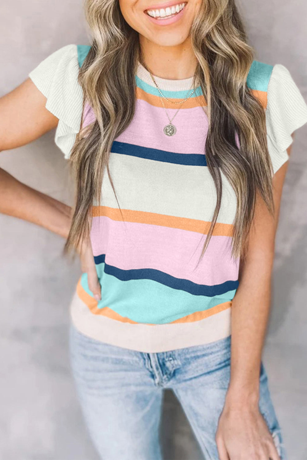Striped Color Block Flutter Sleeve Patchwork Sweater Top