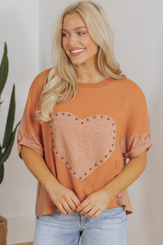 Stud Heart Patch Textured Front Dolman Top