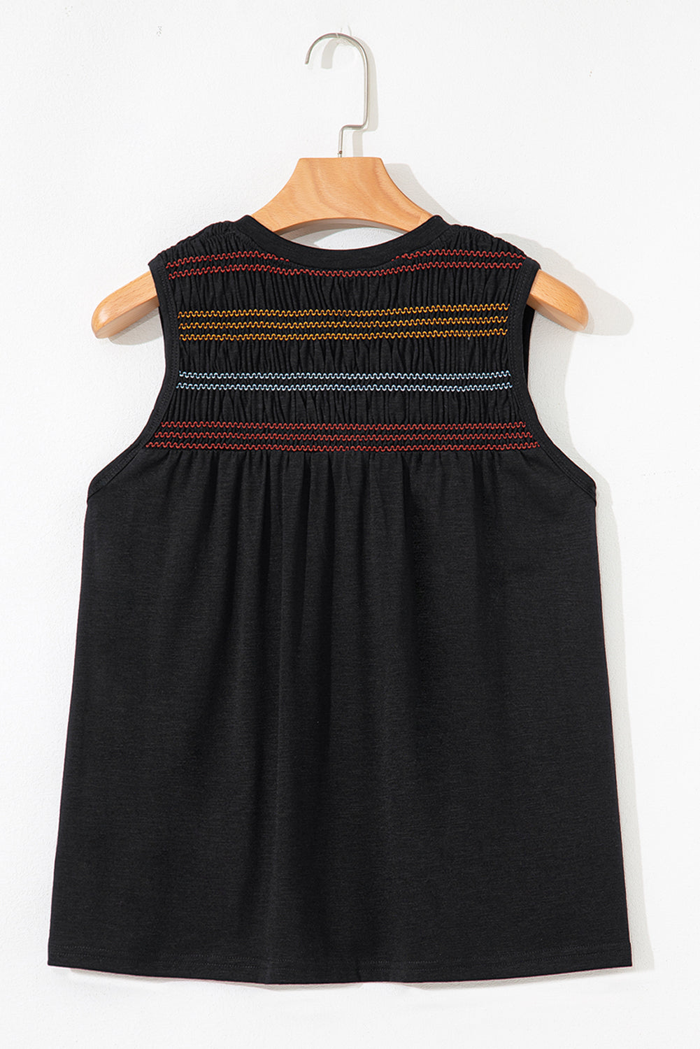 Colorful Shirred Yoke Notched V Neck Tank Top