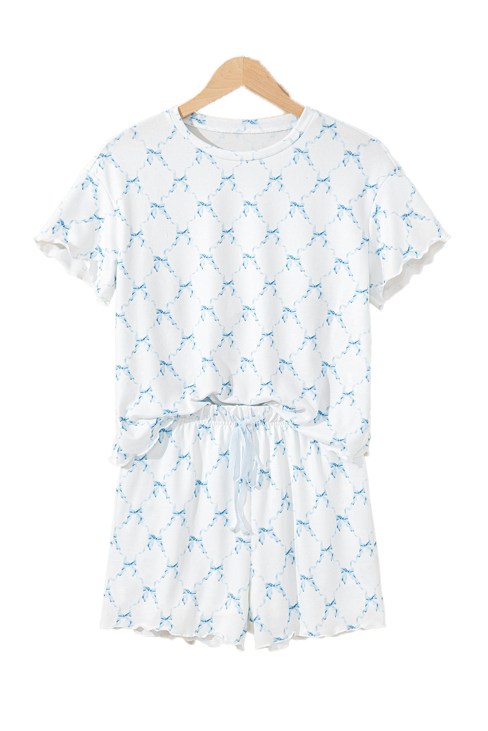 Bow Knot Geometric Print Lettuce Trim Two Piece Lounge Set