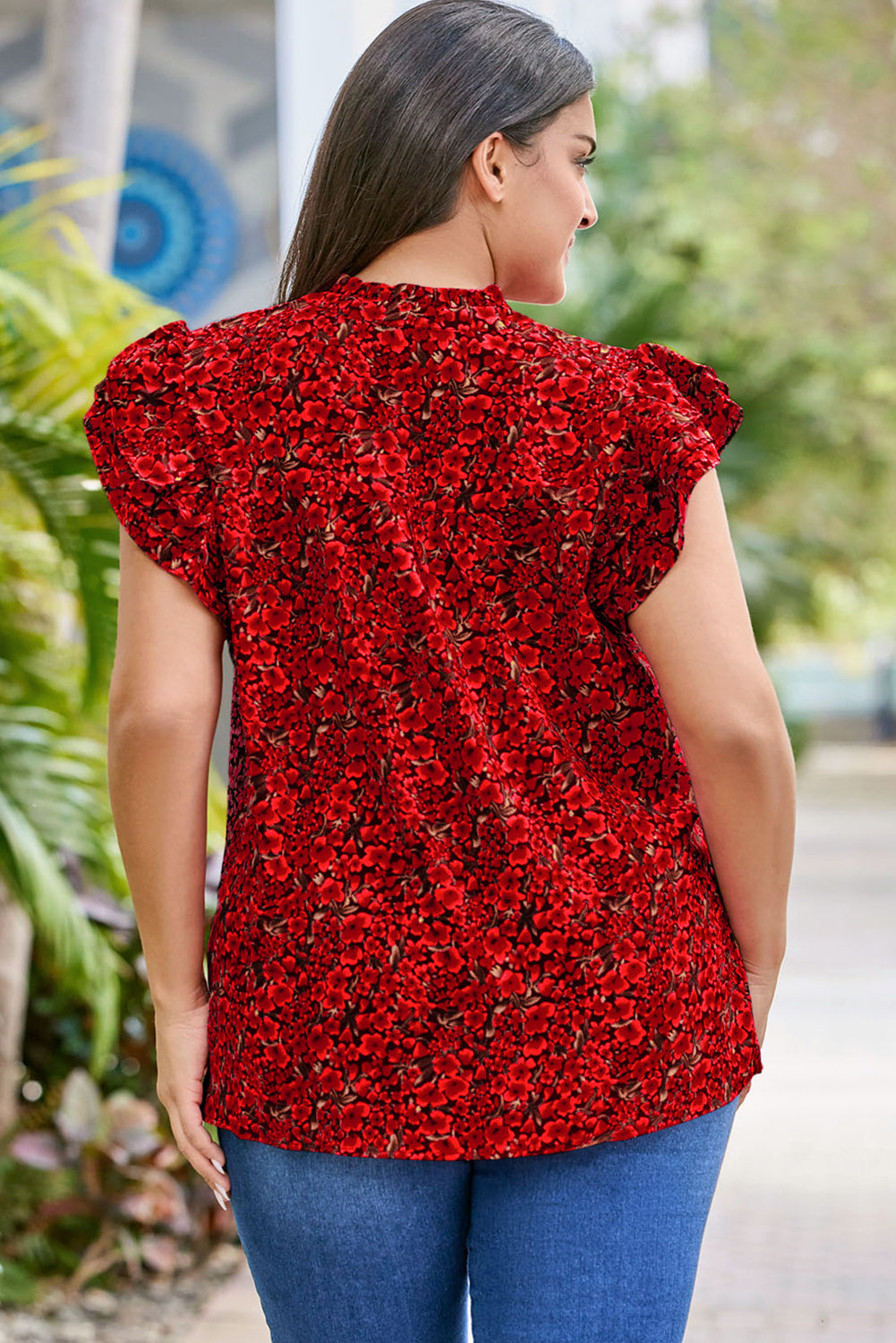 Floral Print Ruffle Sleeve Plus Size Shift Top