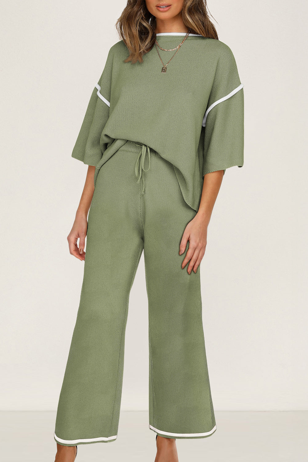 Contrast Trim Half Sleeve Top Drawstring Pants Loose 2pcs Sweater Suit