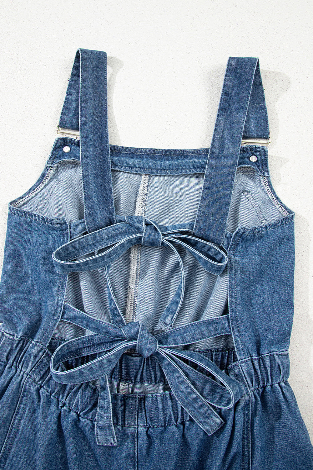 Buckle Straps Bib Style Drawstring Tied Backless Flared Denim Romper