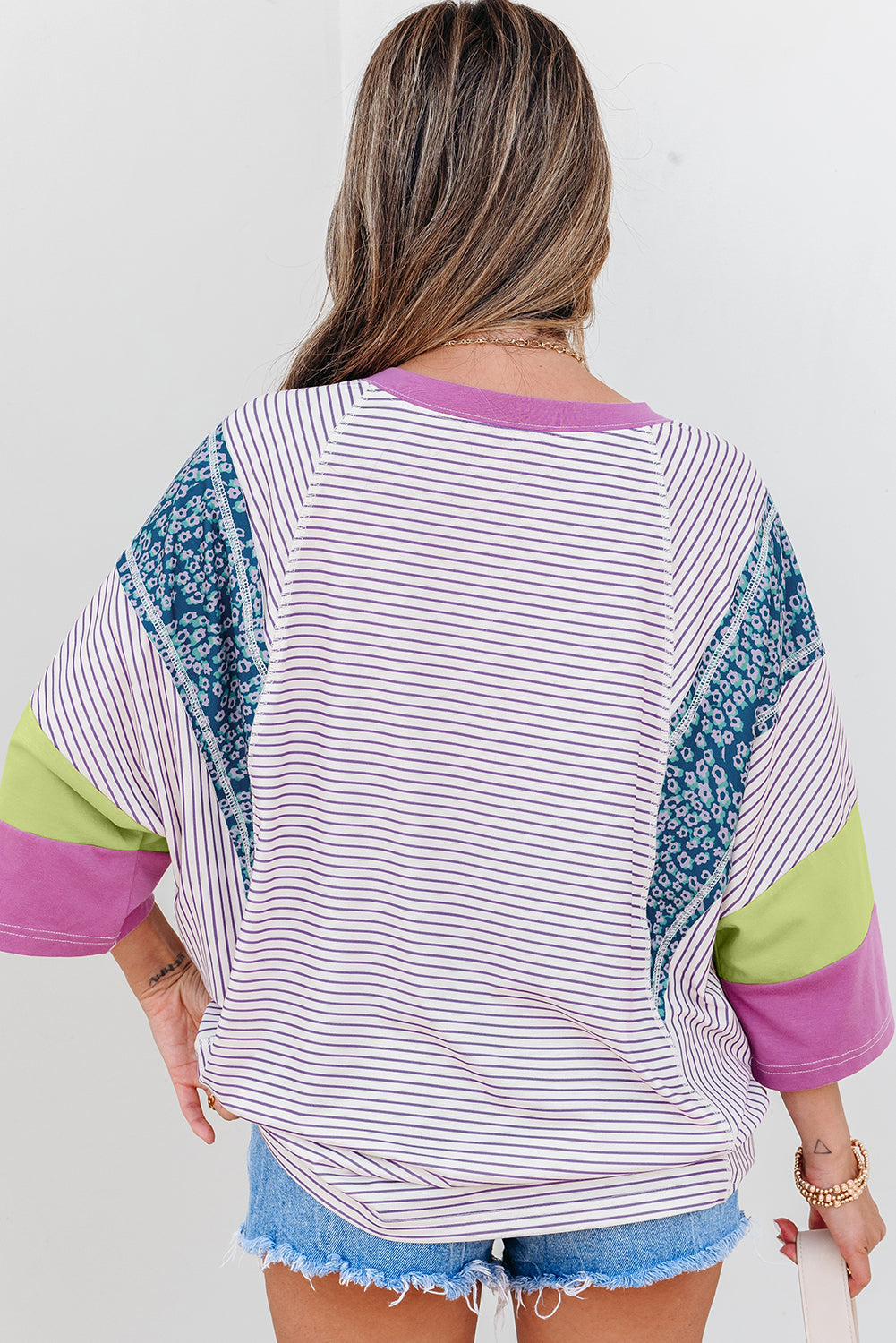 Floral Color Block Raw Edge Patchwork Bracelet Sleeve Blouse