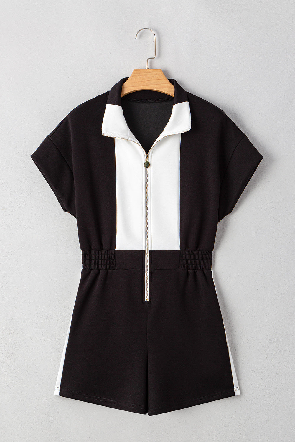 Contrast Collar Patchwork Zip Front Romper