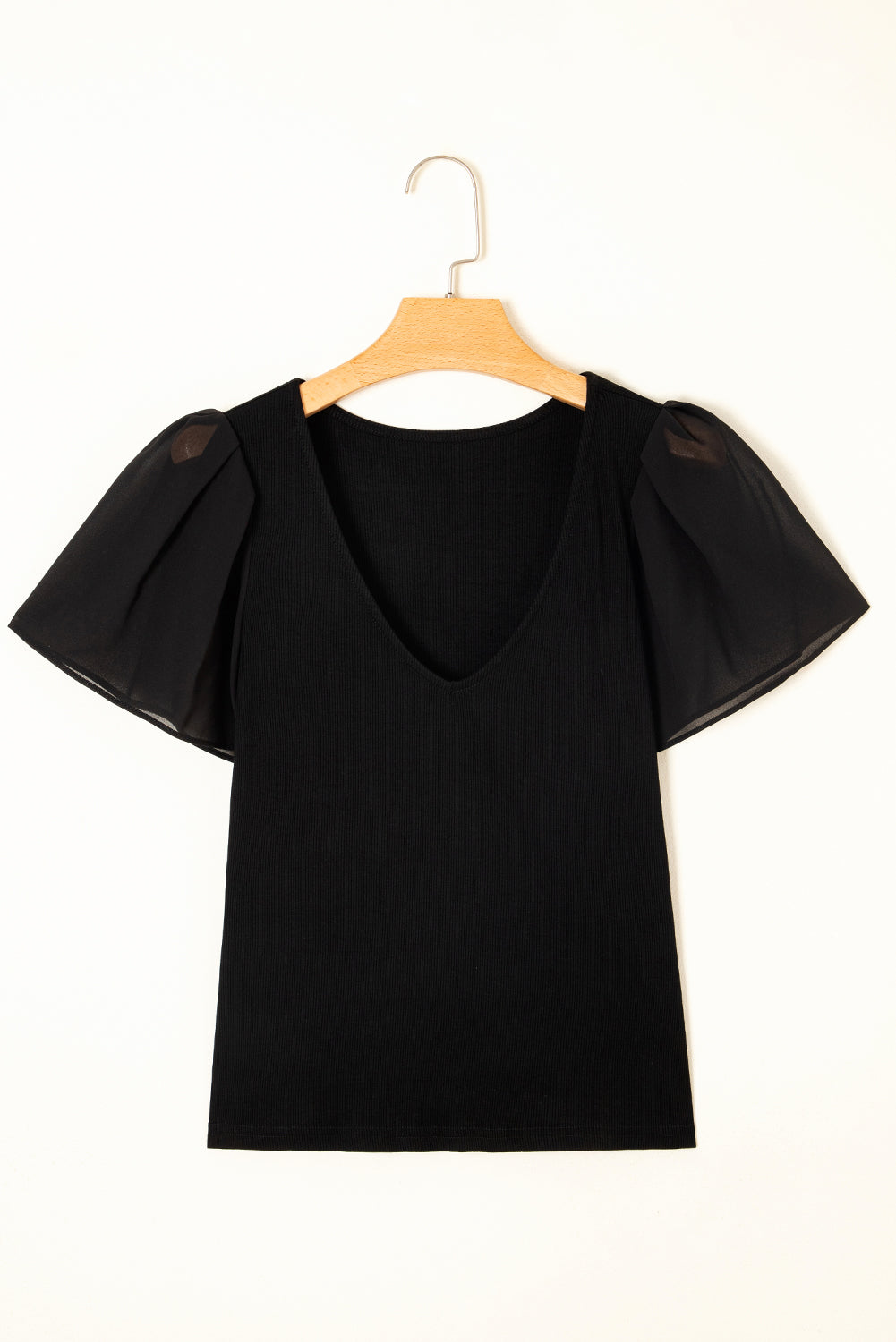 Mesh Ruffled Sleeve Slim Fit V Neck Top