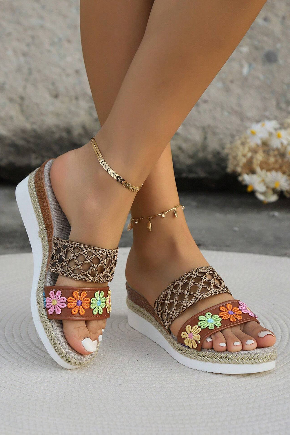 Floral Print Braided Details Wedge Sandals