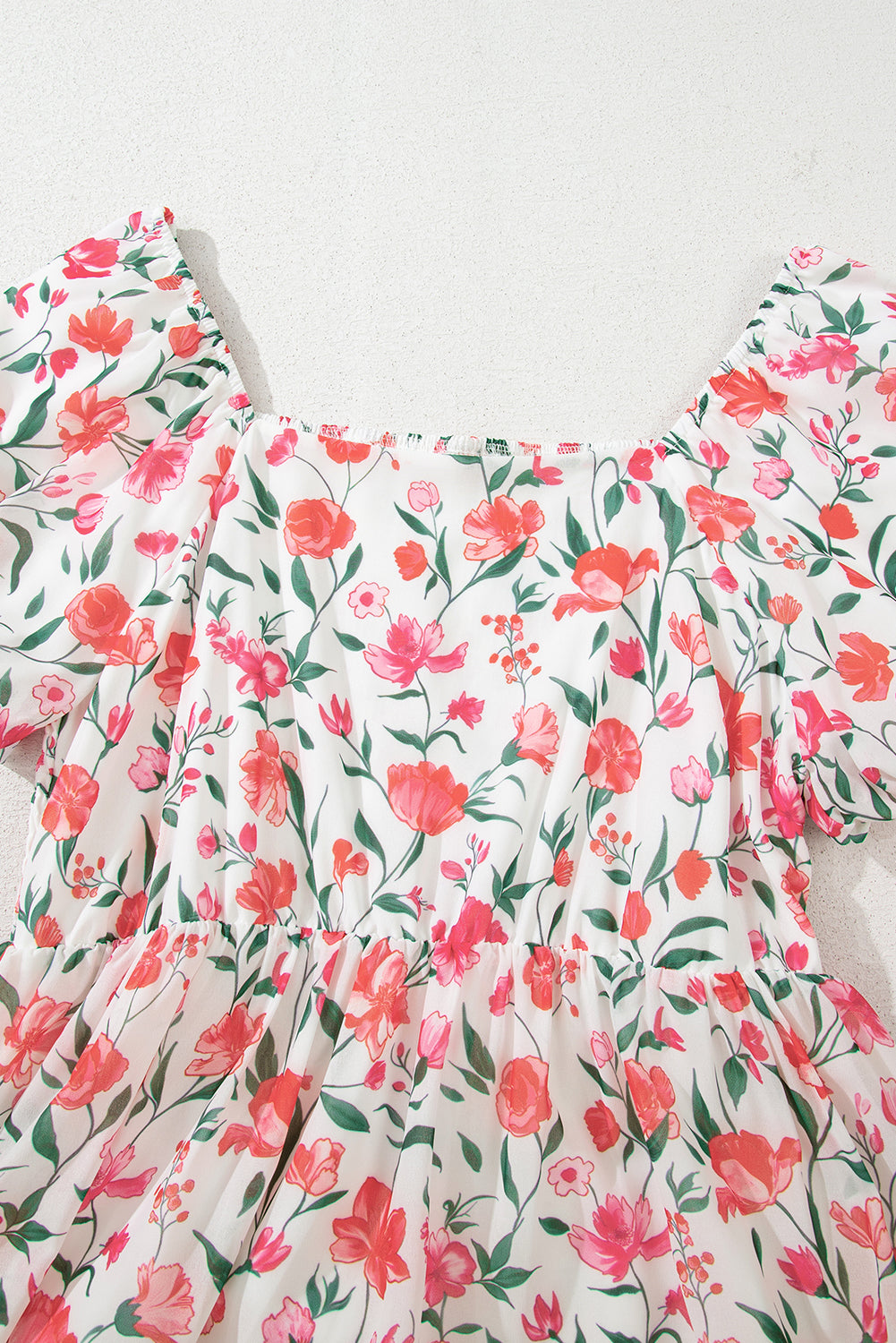 Floral Puff Sleeve Square Neck Empire Waist Tiered Maxi Dress