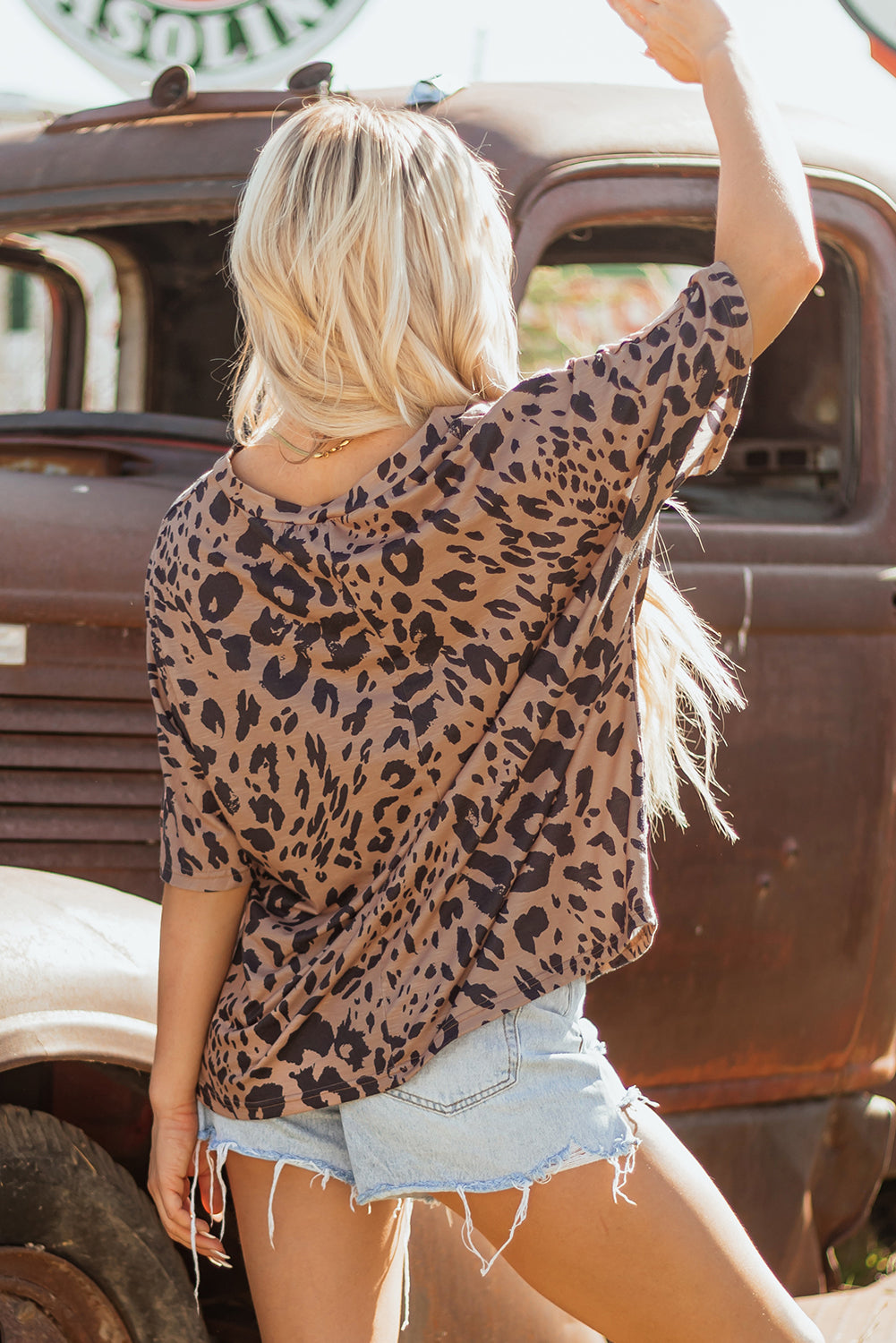 Leopard Print V Neck Half Sleeve Oversized Tee