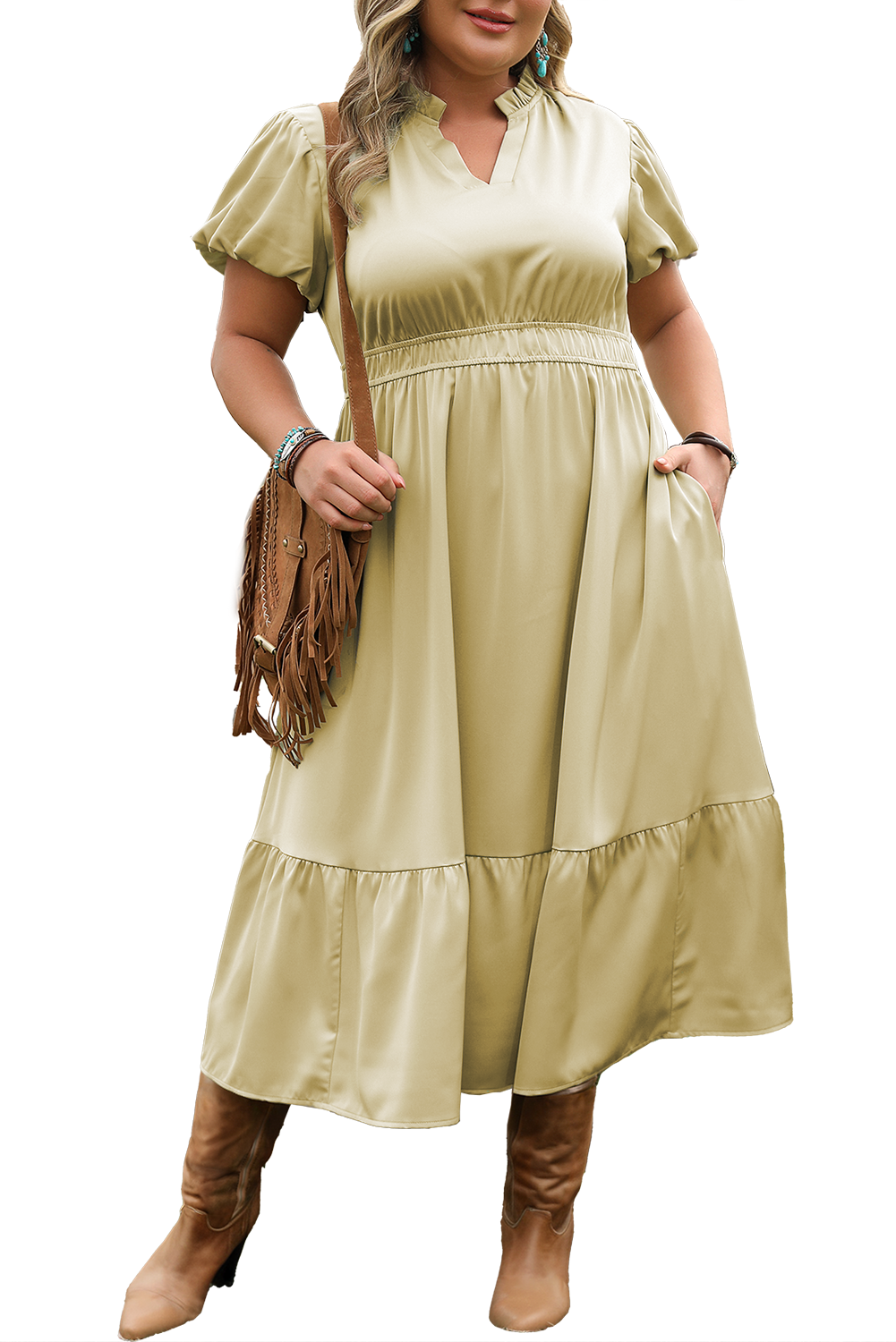 Notched V Neck Puff Sleeve Tiered Plus Size Maxi Dress