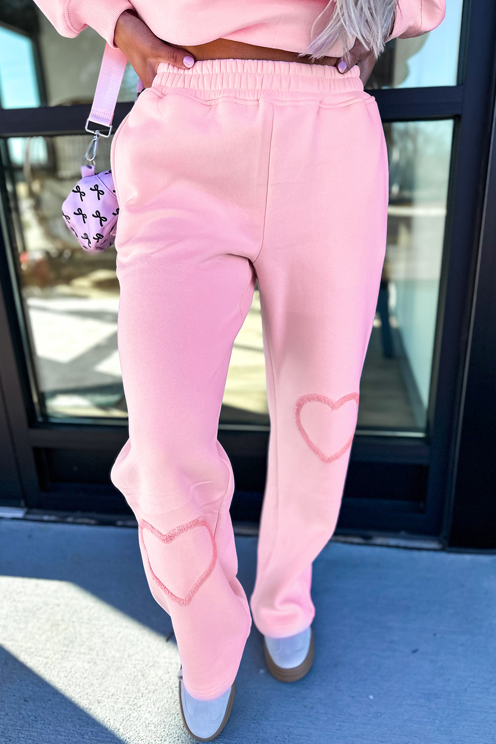 Chenille Heart Pattern Casual 2pcs Pants Set