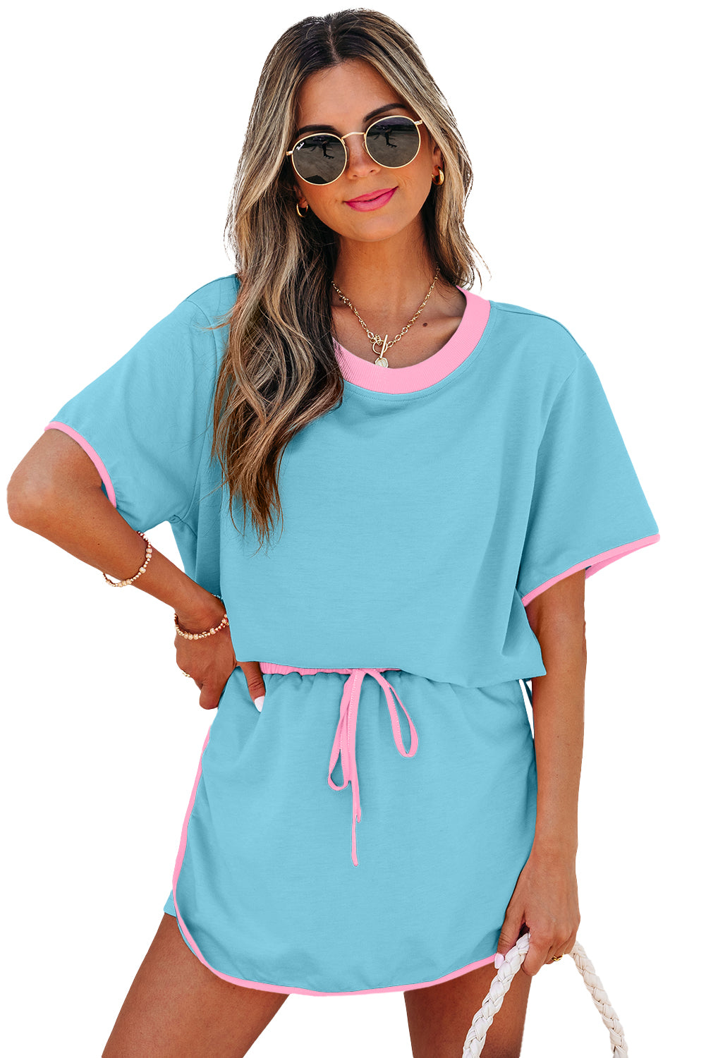 Colorblock Edge Drop Shoulder T Shirt and Skort 2Pcs Set