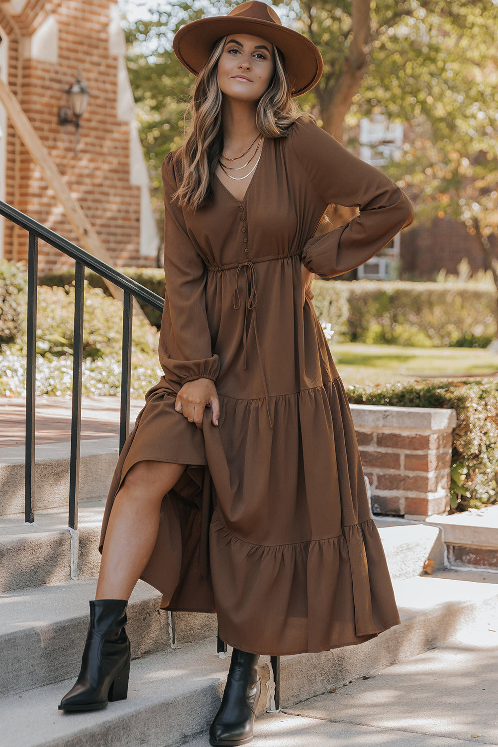 Solid Long Sleeve Button V Neck Tiered Maxi Dress