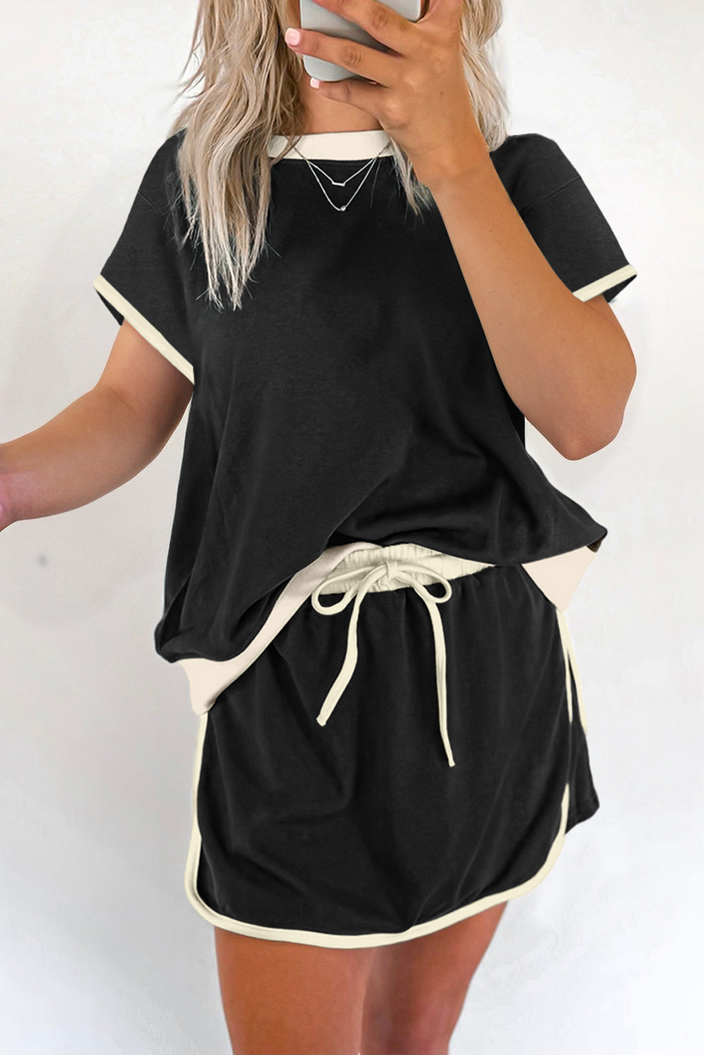 Colorblock Edge Drop Shoulder T Shirt and Skort 2Pcs Set