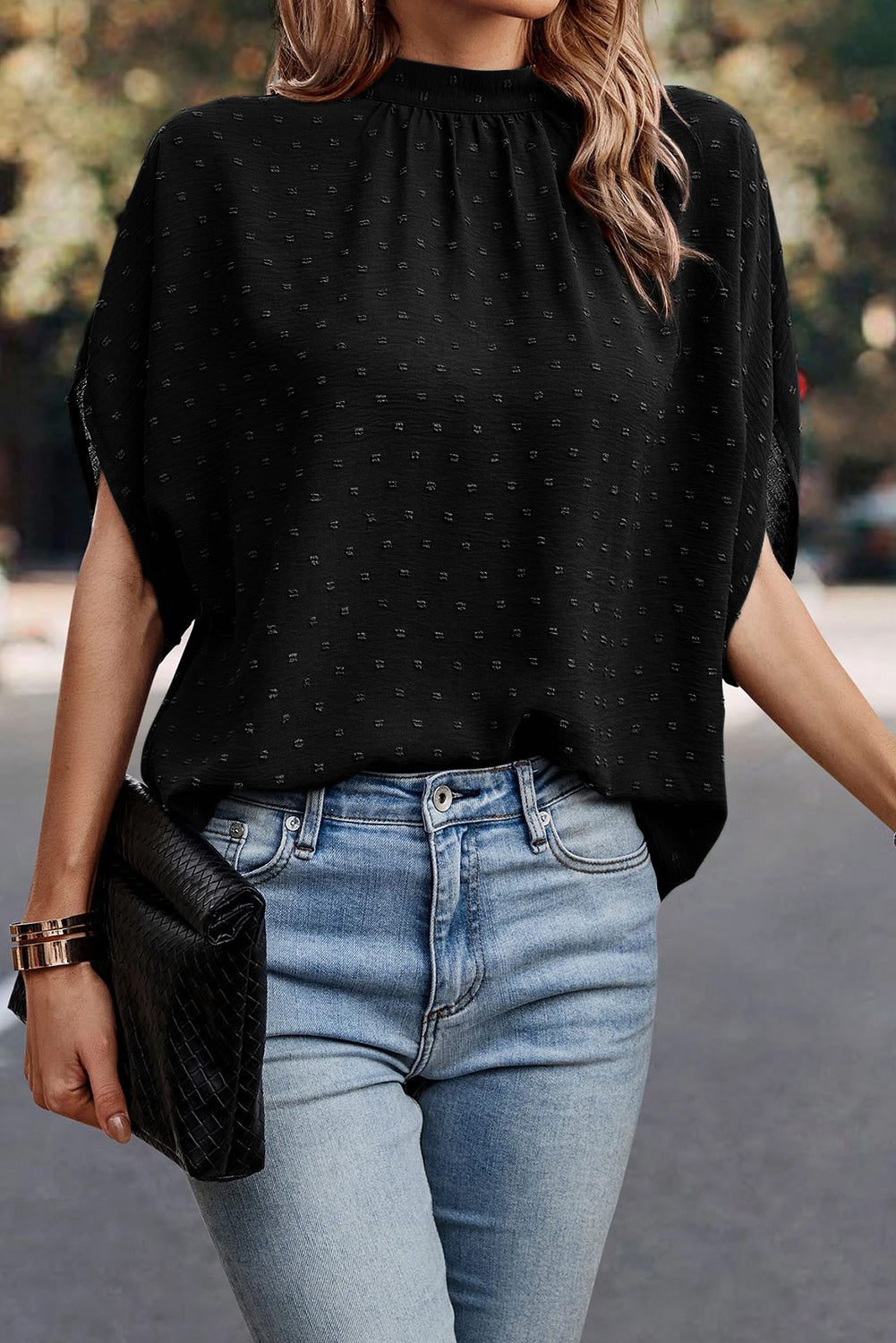 Swiss Dot Mock Neck Batwing Sleeve Blouse