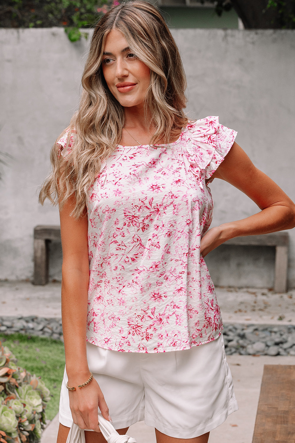 Floral Ruffled Short Sleeve Bow Back Square Neck Blouse